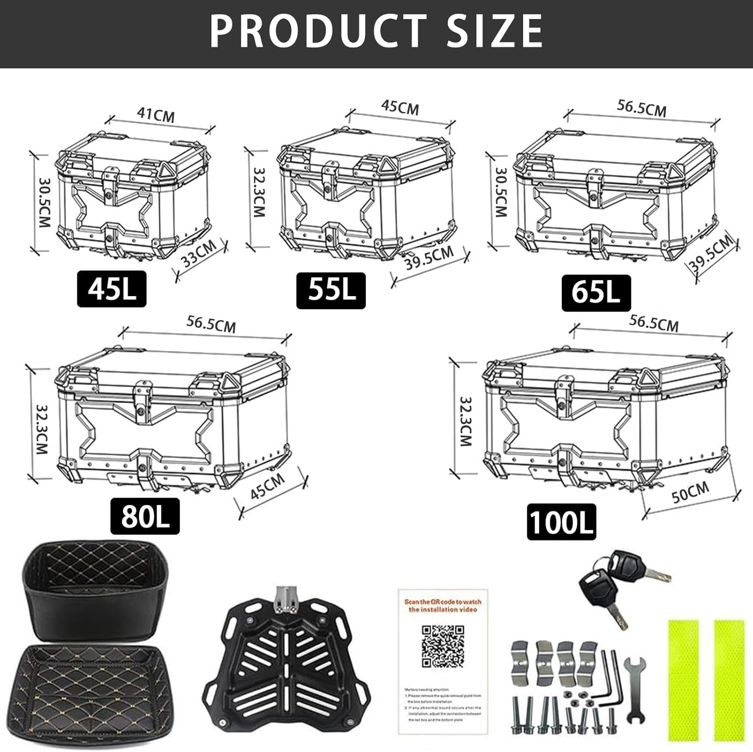 Motorcycle Top Box, Aluminum Motorcycle Travel Tail Box with Security Lock for Scooters, Bicycles 45L (45L Sliver) image number 2