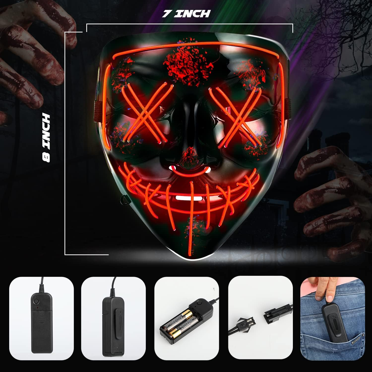 Halloween Mask LED Light up Mask Scary Grimace Mask for Halloween Festival Party Cosplay Costume Masquerade Carnival Light up Face Mask for Men Women Kids image number 1