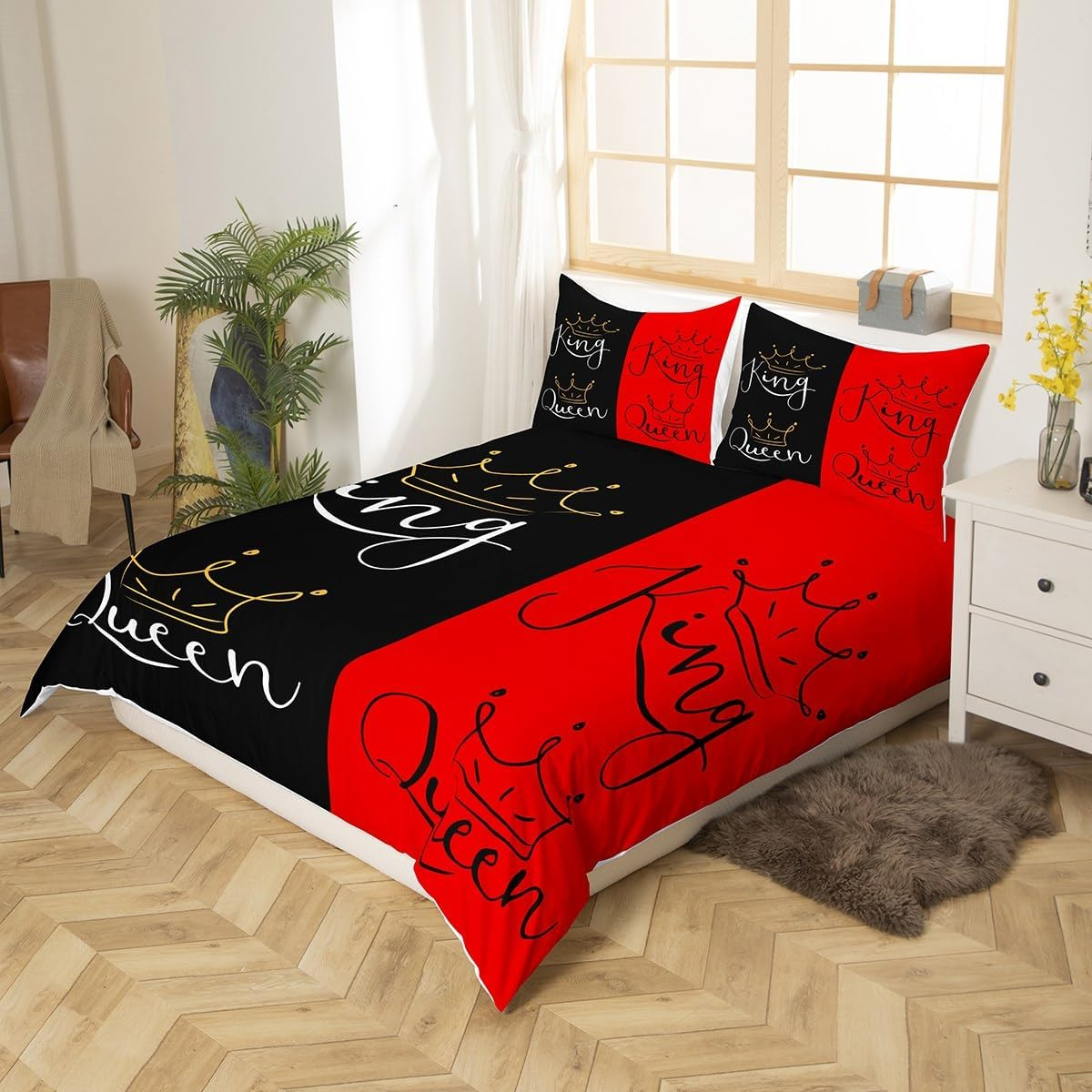 Crown Queen King Duvet Cover Set L Size, Couple Lovers Bedding Set, Teens Women Men Room Decor, Red and Black Comforter Cover, Valentine'S Day, Wedding Theme Quilt Cover, 2 Pillowcases image number 6