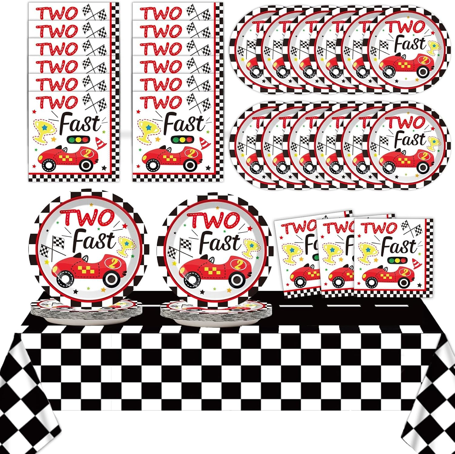 Two Fast Birthday Party Supplies Serves 24 Race Car 2Nd Party Paper Plates Napkins Set Racing Car Tablecloth Tableware Kit for Two Years Old Party Baby Shower Decorations Favors for Boys, Serve 24