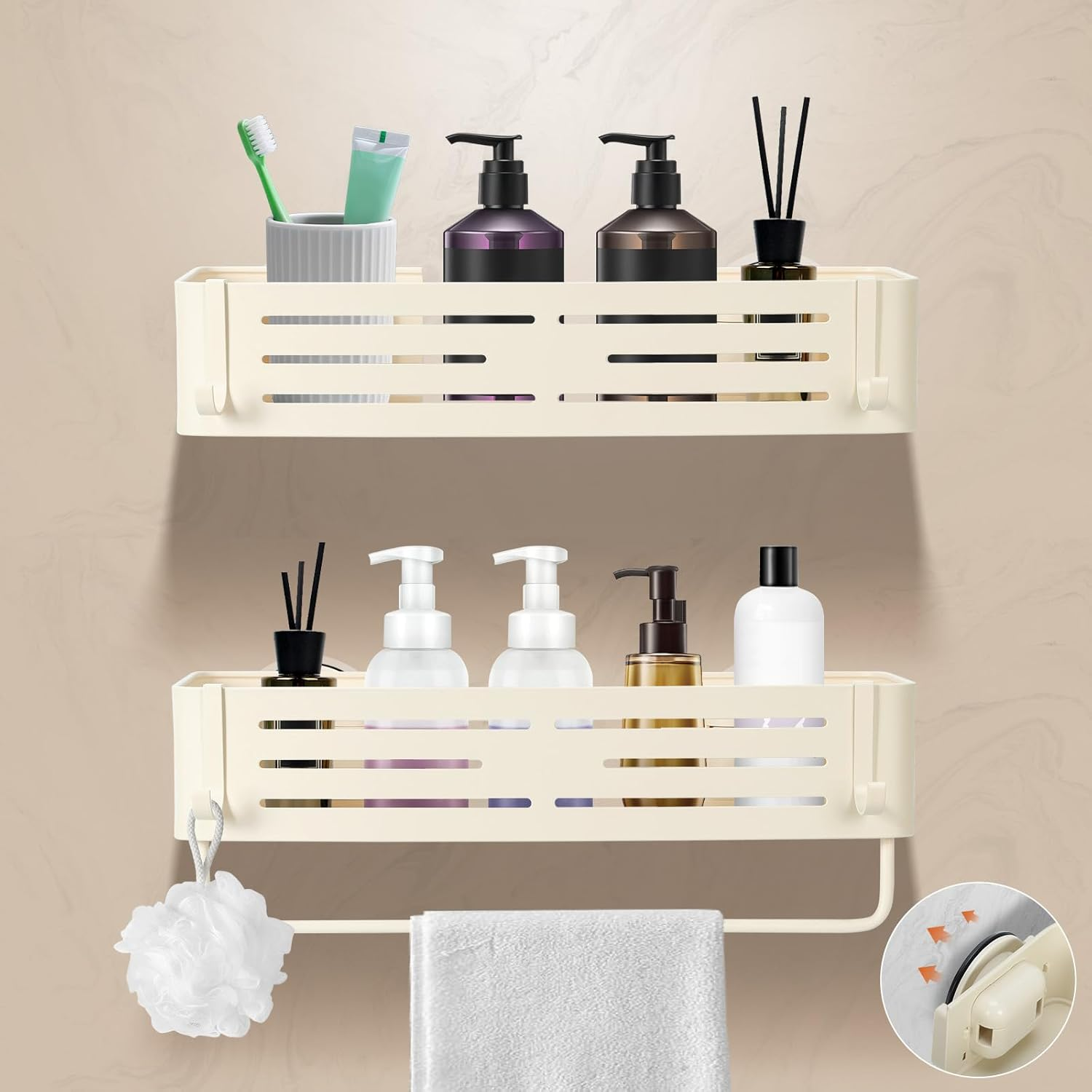 Lekesky Shower Shelf No Drilling Corner with Towel Rail - Strong Suction Cups, Removable, Aluminium & Rustproof - Bathroom Shelf Shower Shelf for Bathroom, Kitchen & Rental Apartment (Set of 2