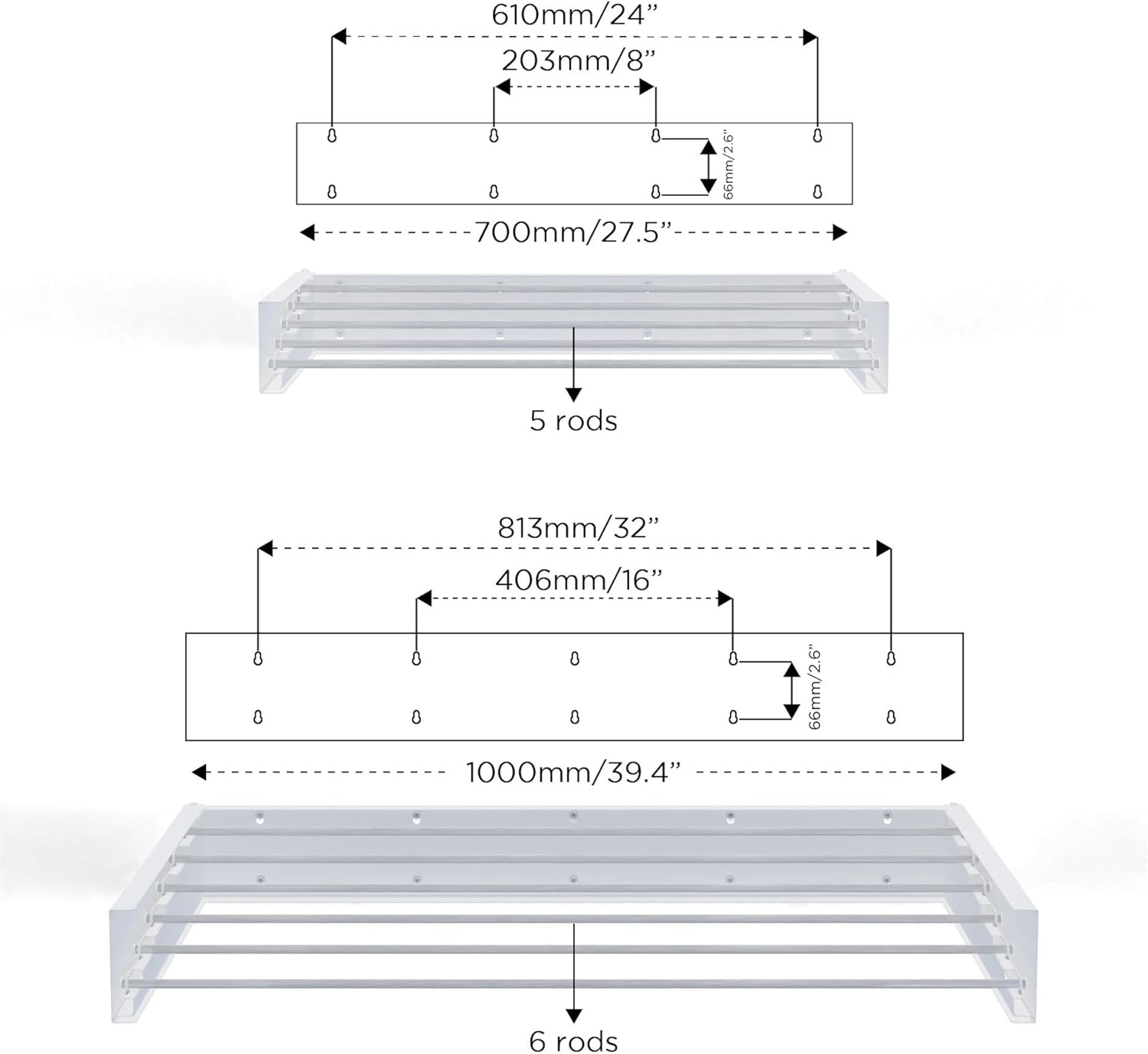 Hot Flow Glide Foldable Wall Mounted Clothes Rack, Retractable Clothes Drying Rack. Sleek Design with 5 X 70Cm Rods for 3.5M of Hanging Line. Perfect for Saving Space. 20Kg Capacity, 70Cm, White image number 3