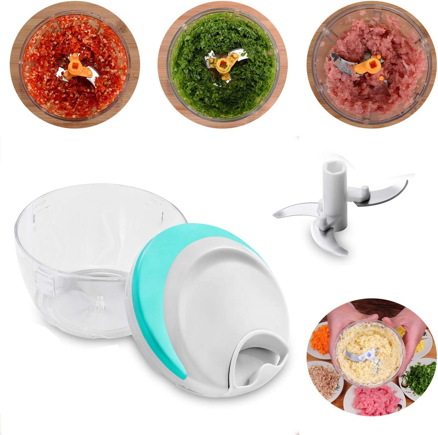 Manual Food Chopper, Vegetable Chopper Mincer Blender to Chop Fruits Vegetables Nuts Herbs Onions Garlics for Salsa Salad Pesto Coleslaw Puree image number 2