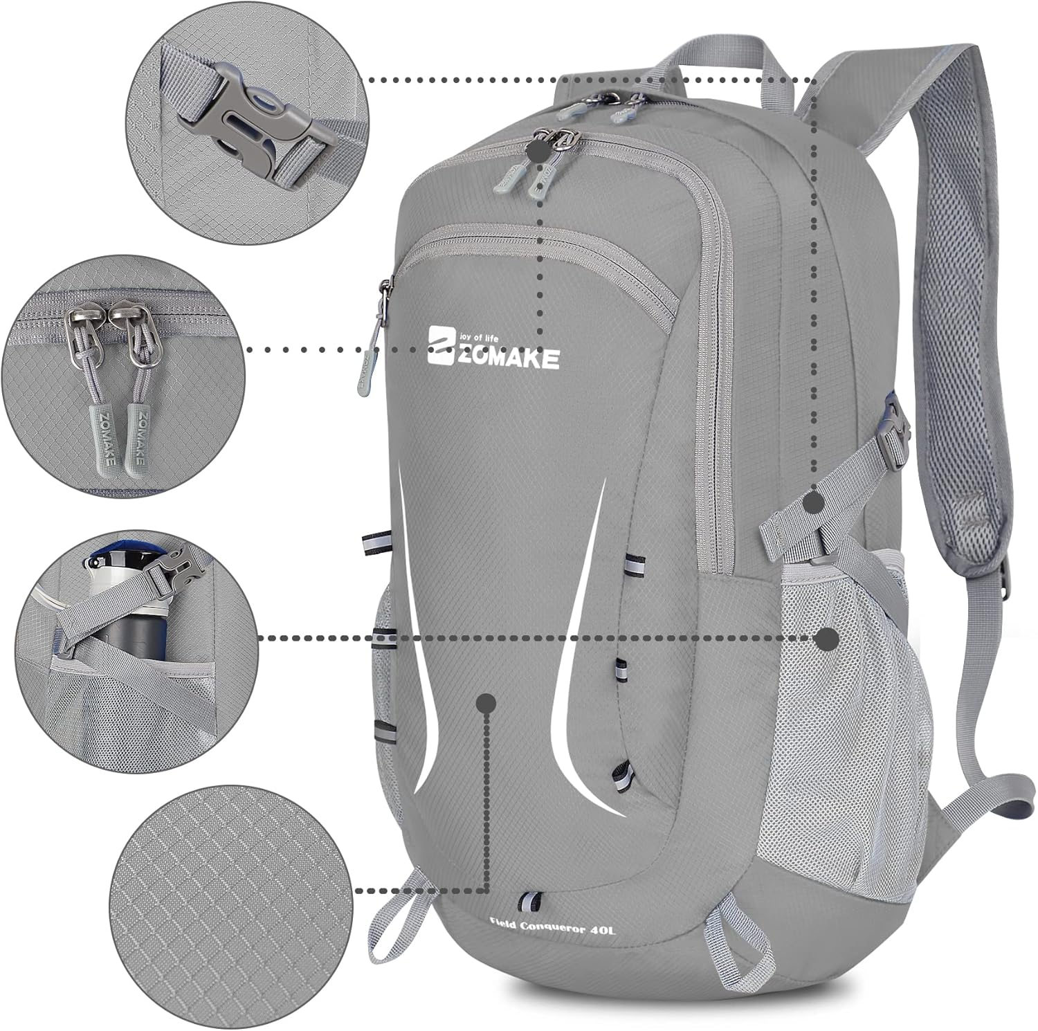 Zomake Foldable Backpack - Lightweight Packable Hiking Packs 35L, Waterproof Daypack for Travel, Outdoor Camping and Daily Use - Grey image number 5