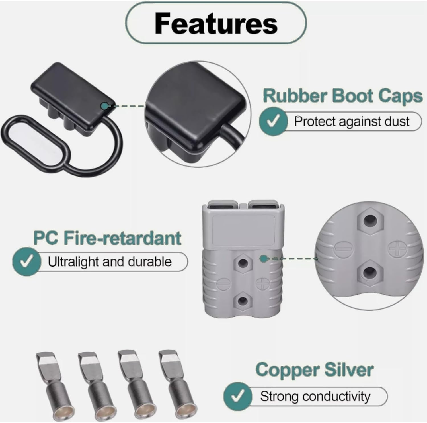 KUGONT 2Pcs 50 Amp Anderson Style Plug,40Cm 8AWG Cable Connector Battery Cables Quick Connectors, 600V Jumper Cable Plug Connector Kit,12V Wire Harness Plug Connector Kit for Car Winch Trailer image number 2