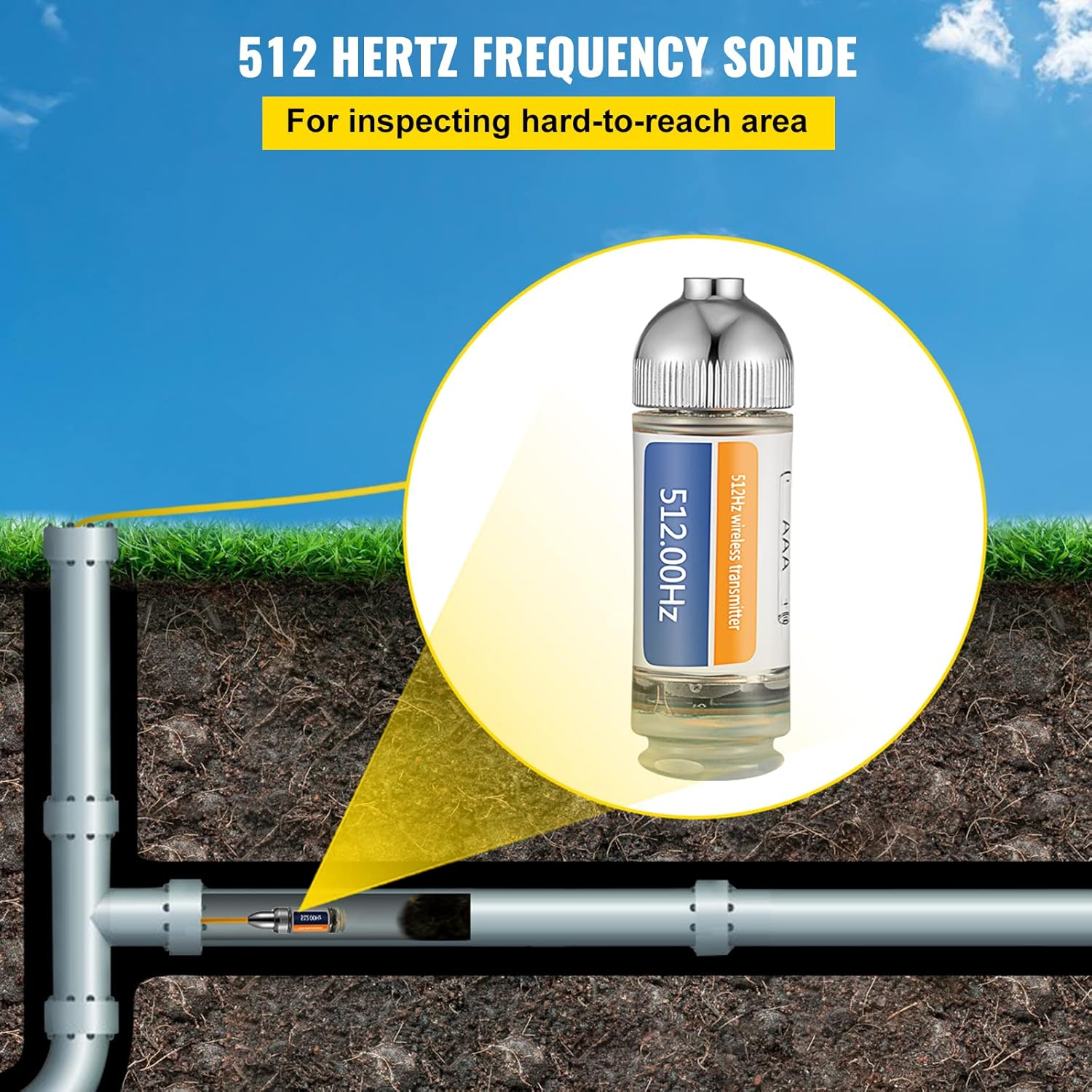 VEVOR Sonde Locator, 512 Hertz Frequency, Rigid Drain Locator with 8/5" and 1/4-20" Connectors for Locating & Detecting Small Sewer & Pipelines, up to 25' Depth Water Line, Flashing for Transmitting image number 2