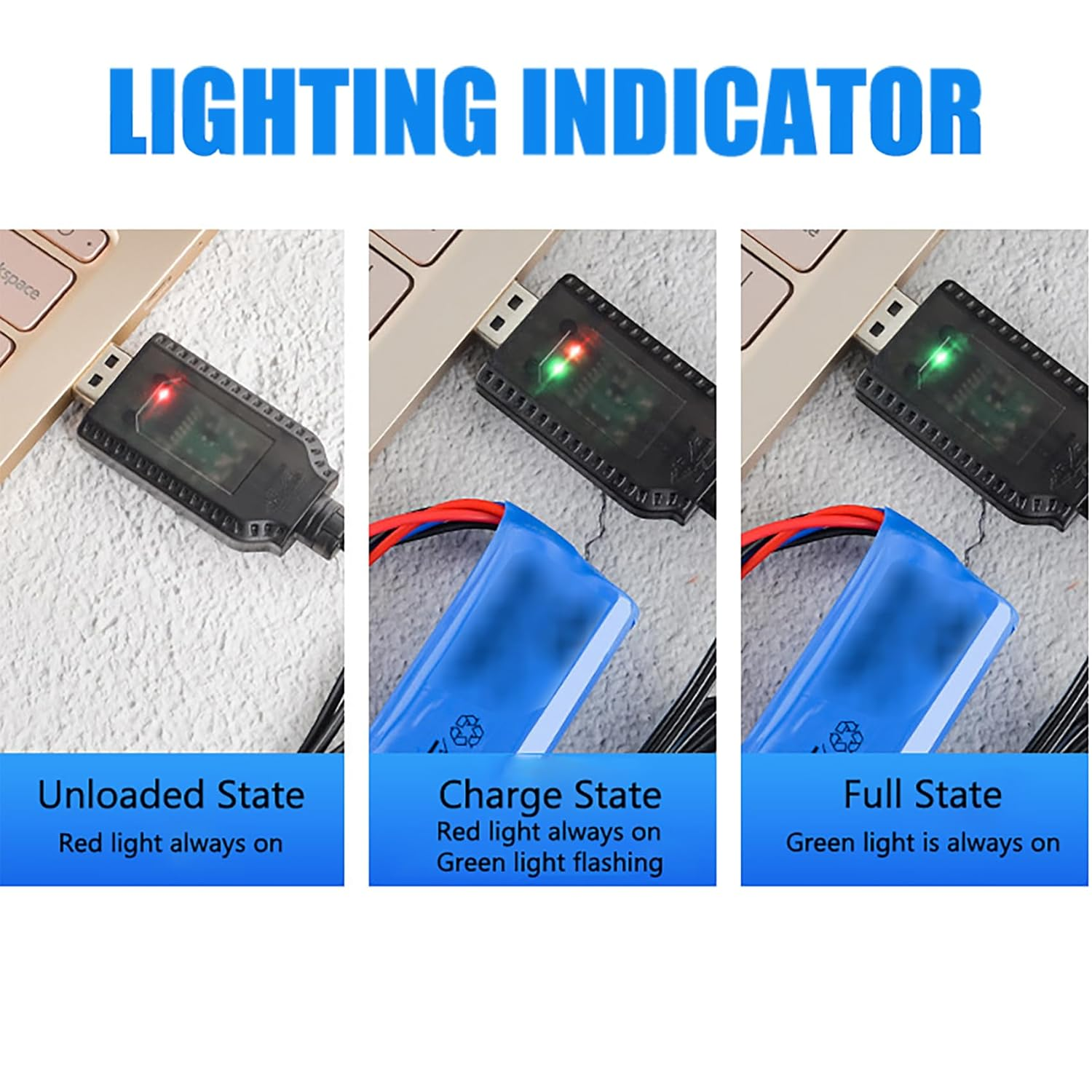 Tunghey 2Pack USB Charger Cable LED Indicator Compatible with 800Ma 2S 7.4V Li-Po Batteries for RC Dro-Nes/Qua-Dcopter/Veh-Icles with XH-3P Connector image number 3