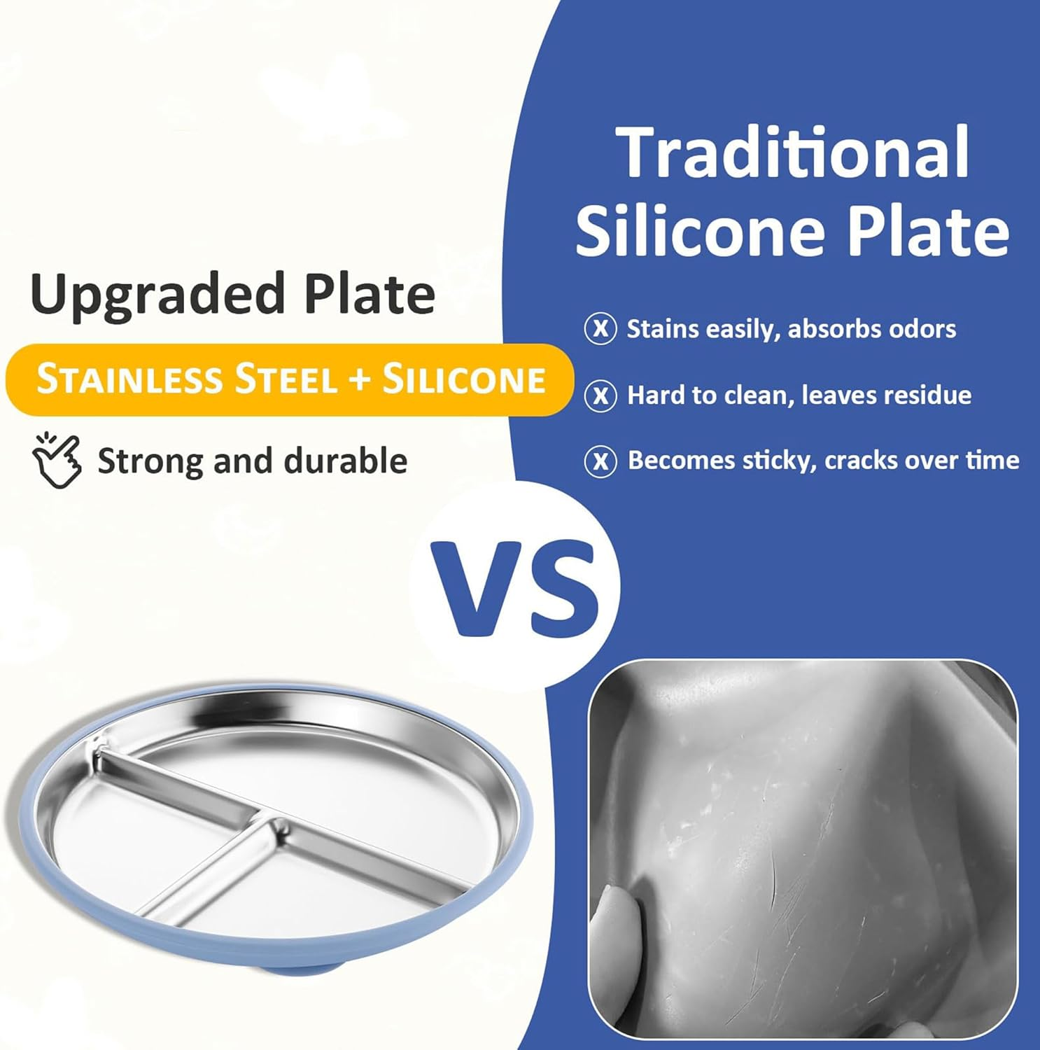 Stainless Steel Baby Plate with Suction, 9&rdquo; Divided Toddler Plates with Removable Silicone Sleeves for Kids, Non-Toxic Non-Slip Unbreakable Dishwasher Safe Dinnerware(Blue & Gray & Beige-9In) image number 5