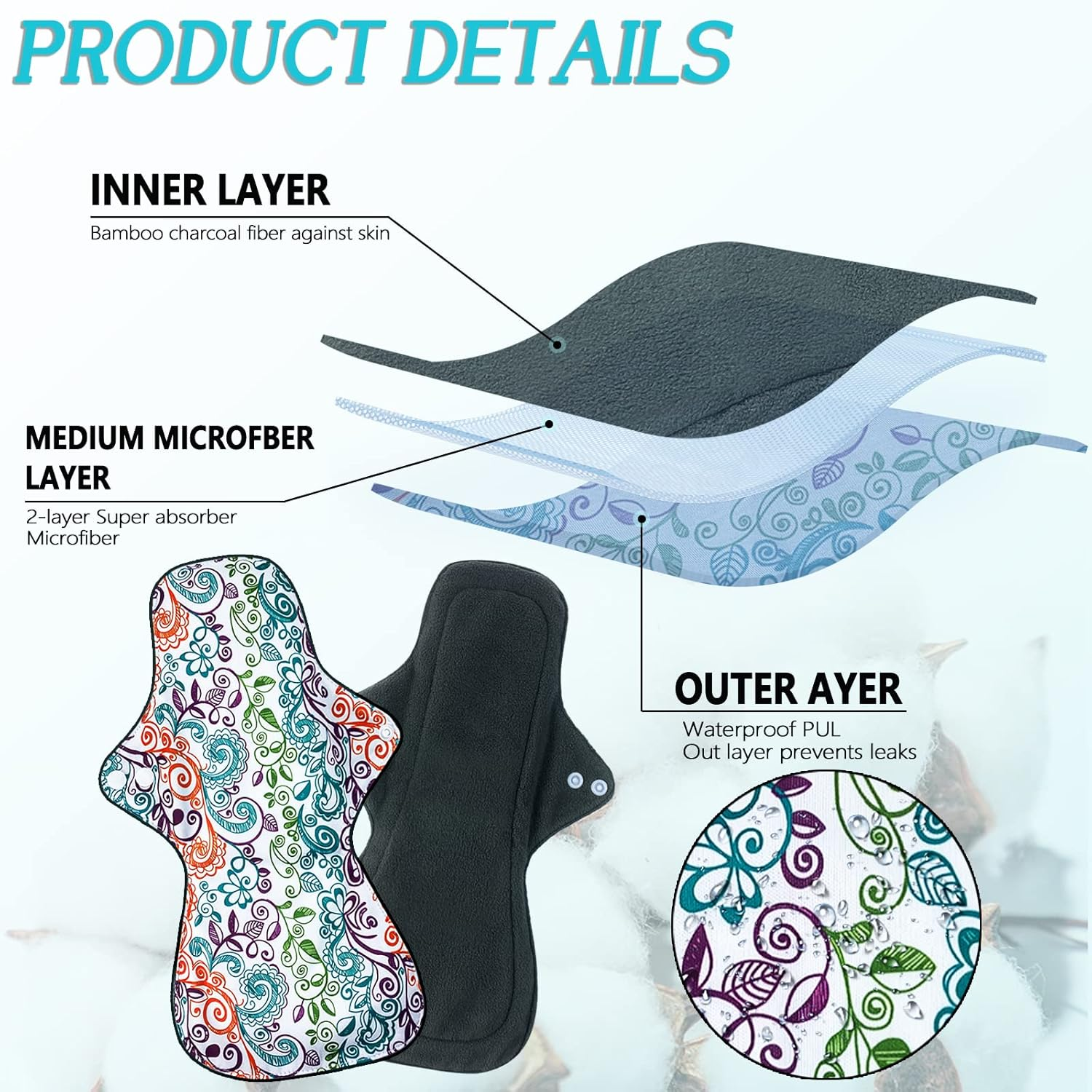 ZCOINS 4PCS Overnight Pads 13.5Inch Reusable Pads Menstrual Heavy Flow, Washable Cloth Pad with 1 Zipper Bag image number 1