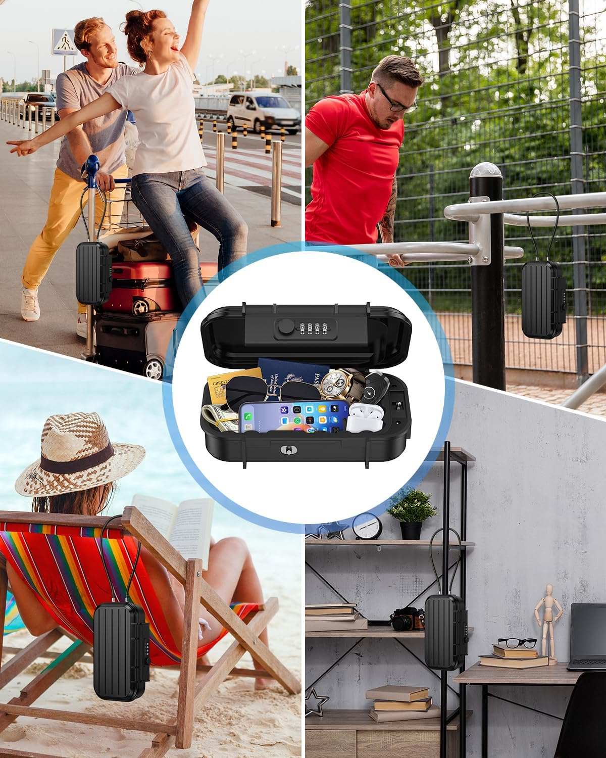 AMIR Portable Lock Box, 4-Digit Combination Lock Box for Travel, Anti-Theft Small Safe Box with Removable Chain, Personal Cash Box for Gym, Hotel, Dorm, Travel