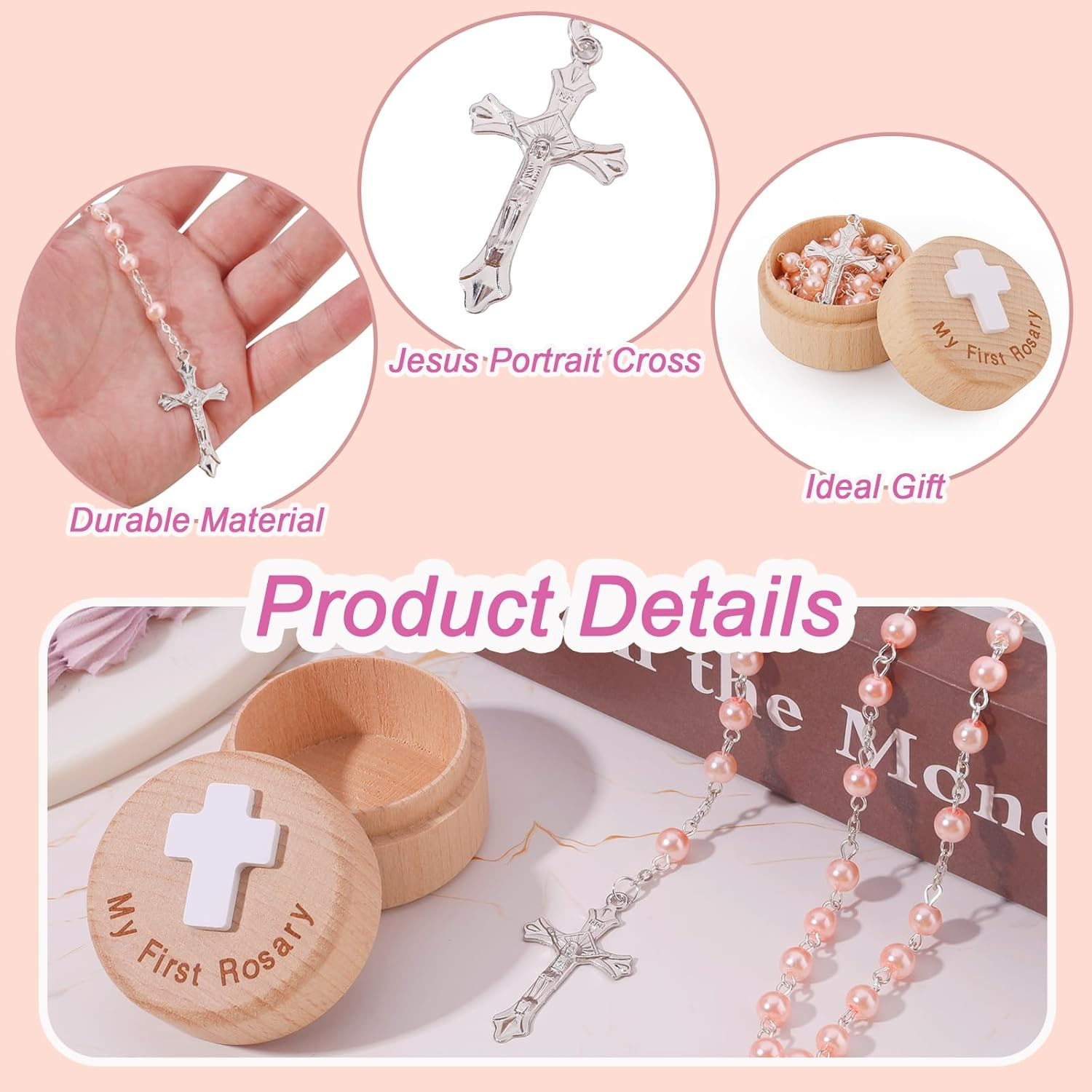 My First Rosary Baptism Gifts, Baptism Memorial Box Pink Rosary Necklace Beads Christening Gifts Catholic First Communion Gifts Rosary Box Holder for Women Baby Shower image number 3
