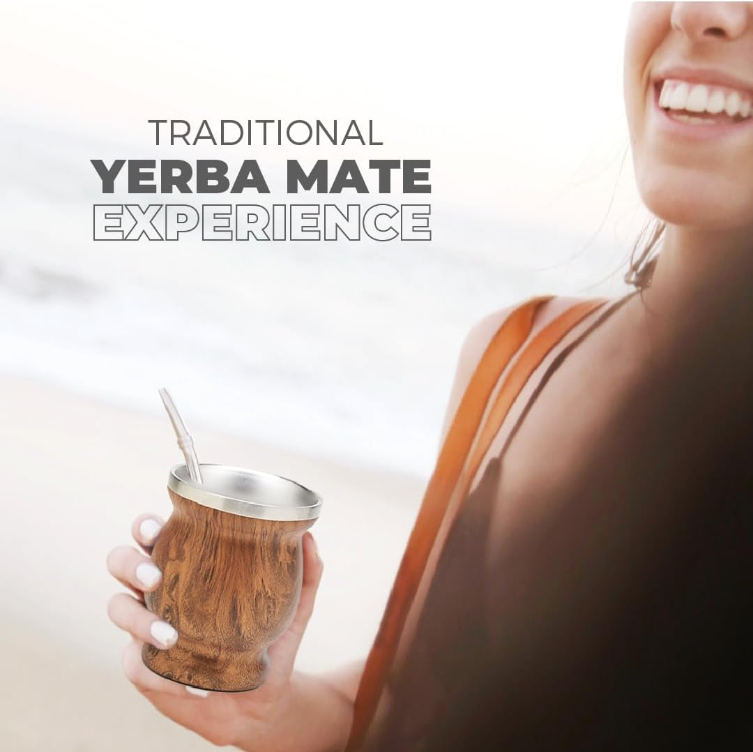 BALIBETOV Mate Cup and Bombilla Set - Yerba Mate Set Includes One Yerba Mate Cup, Two Bombilla Mate (Straw) and Brush - Stainless Steel Double-Wall | Easy to Clean Yerba Mate Gourd (Wood) - Black image number 6