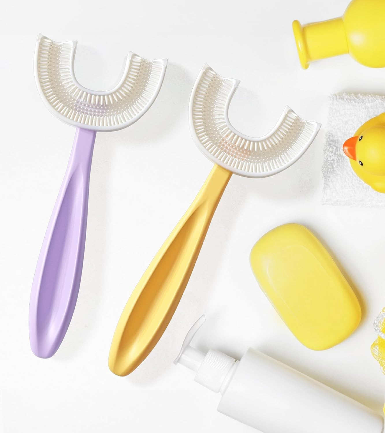 U Shaped Toothbrush for Kids 6-12 Years Old - Two Premium Soft Brushes with Travel Case - Sensory Rounded Head Makes Brushing Fun & Easy - 1 Purple, 1 Yellow image number 3