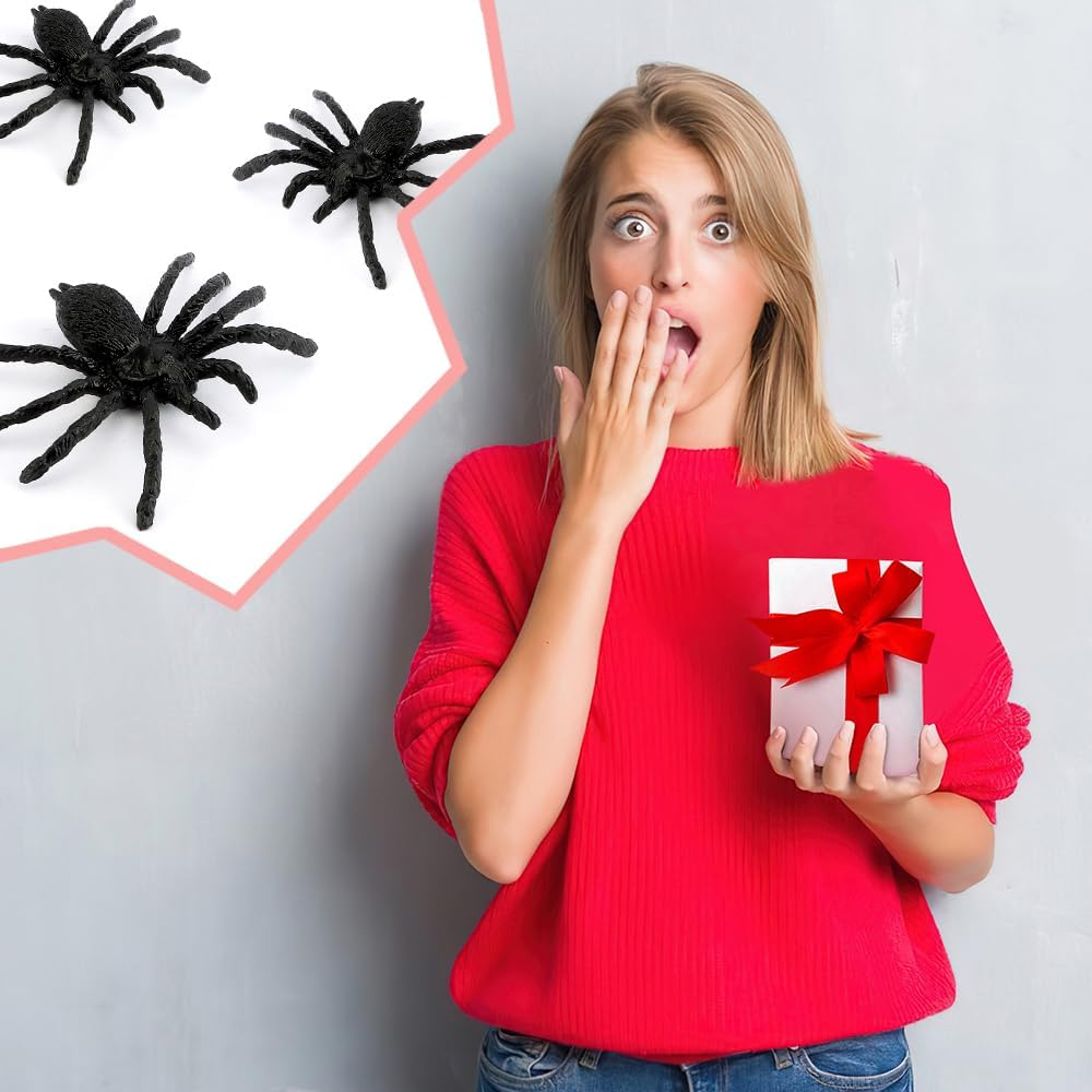 Plastic Spider Halloween Decorations - 8PCS Black Large Spider Web Decoration, Realistic Prank Props, Scare Fun Practical Surprise Joke Toys, 3.9 X 3.7 Inches image number 1