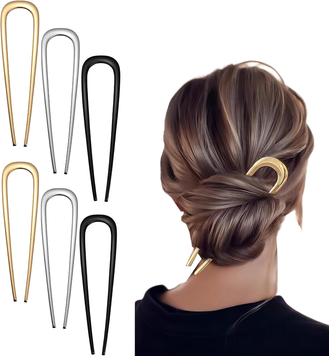 U Shape Hair Fork, 6 Pieces, Gold, Silver, Black, Elegant U Shape Hair Clips for Updo
