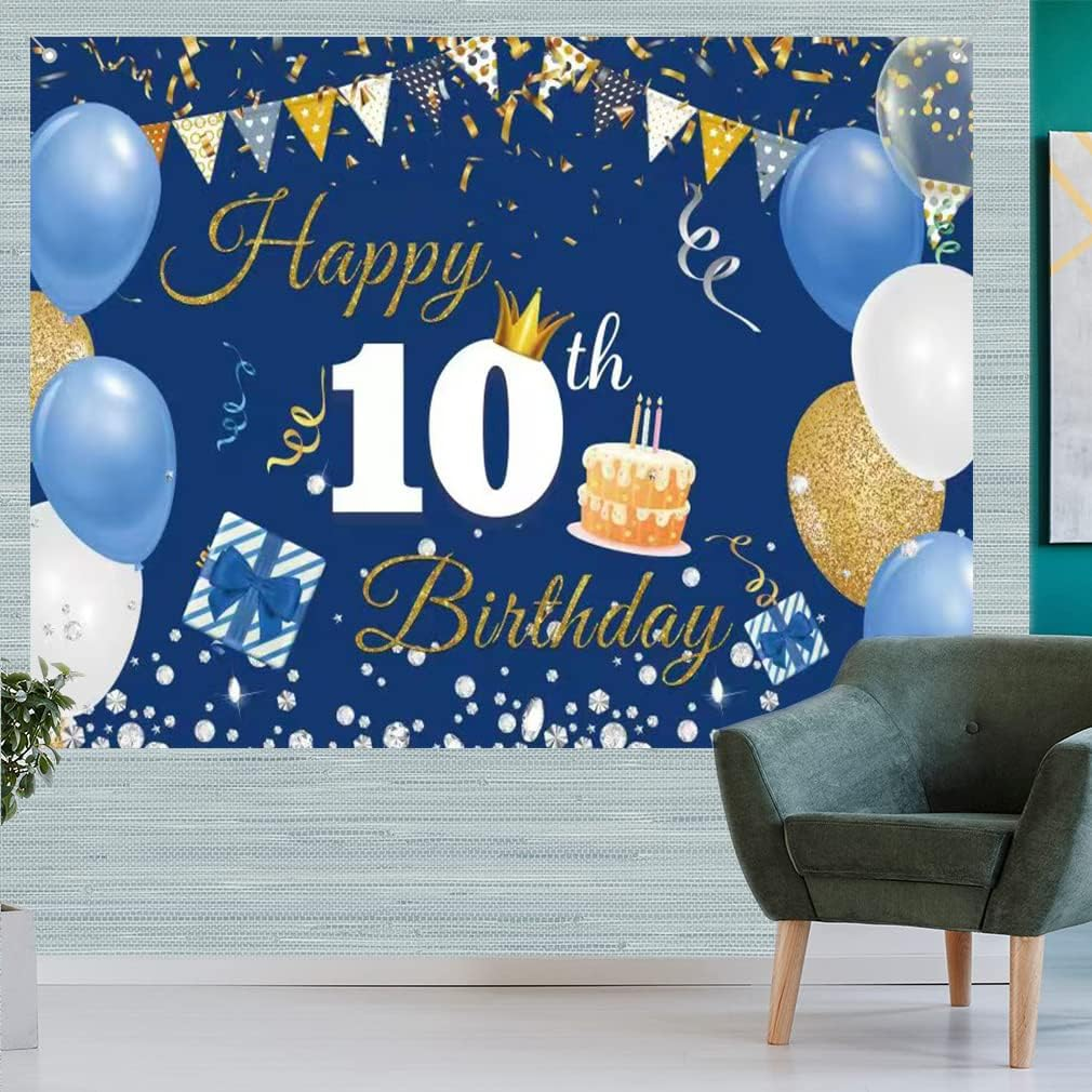 10Th Birthday Decorations Happy 10Th Birthday Backdrop Banner for Boys/Girls Happy 10 Years Old Fabric Sign Poster, Blue Photography Background 10Th Birthday Party Supplies, 59"X35.4" image number 2