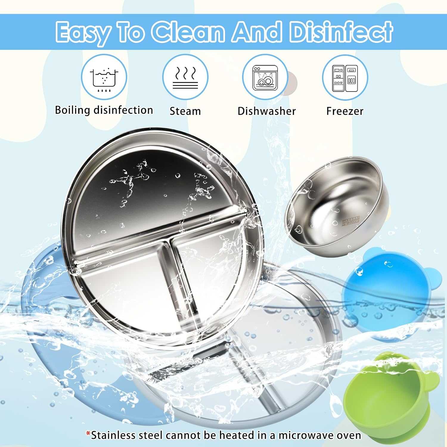 Baby Stainless Steel Feeding Set &ndash; 2 Star-Shaped Plates + 2 Bowls with Removable Silicone Sleeves | 100% Food-Grade 304 Steel | Dishwasher-Safe Tableware (Blue & Grey Plates, Blue & Green Bowls) image number 1