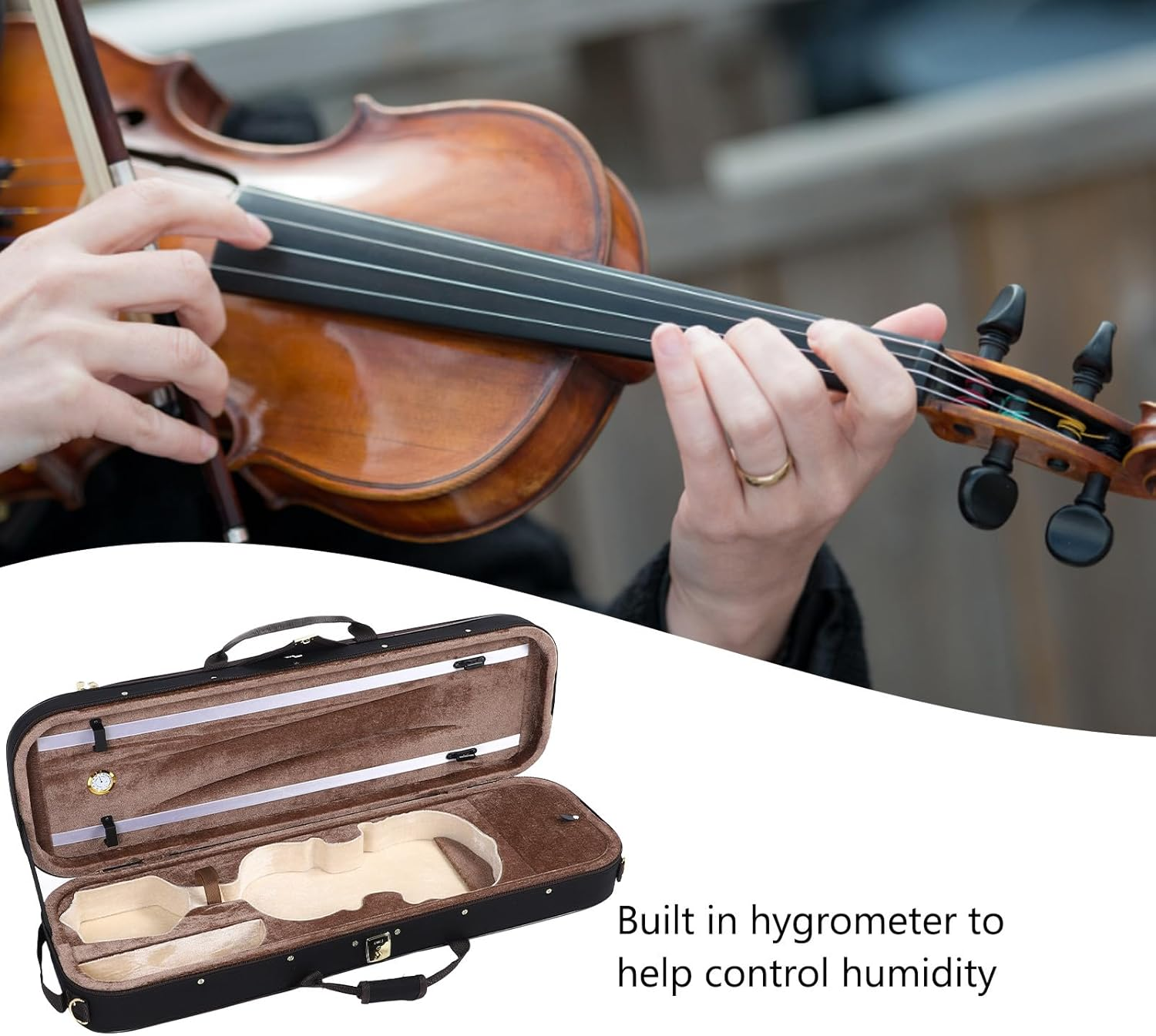 4/4 Violin Case, Full Size Professional Oblong Violin Hard Case with Hygrometer, Lightweight Portable Backpack Style Violin Oblong Case with with Carry Straps & Foam Interior image number 4