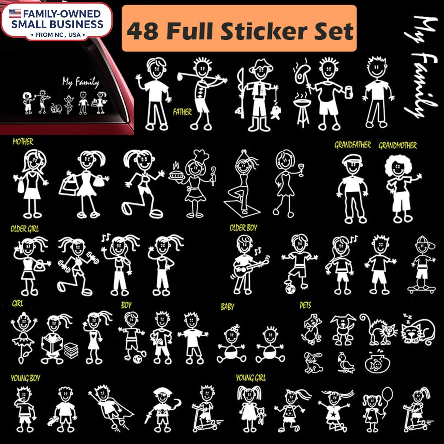 TOTOMO 48 Stick Figure My Family Car Stickers with Pet Dog Cat Fish Rabbit Bird Family Car Decal Sticker for Windows Bumper