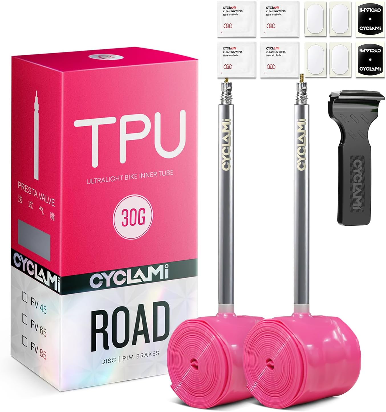 CYCLAMI TPU Inner Tube 700C Ultralight 30G Road Bike Tube Compatible with 700X18-32C Metal Presta Valve 45/65/85Mm (With a Multi-Functional Tire Pry Bar) image number 3