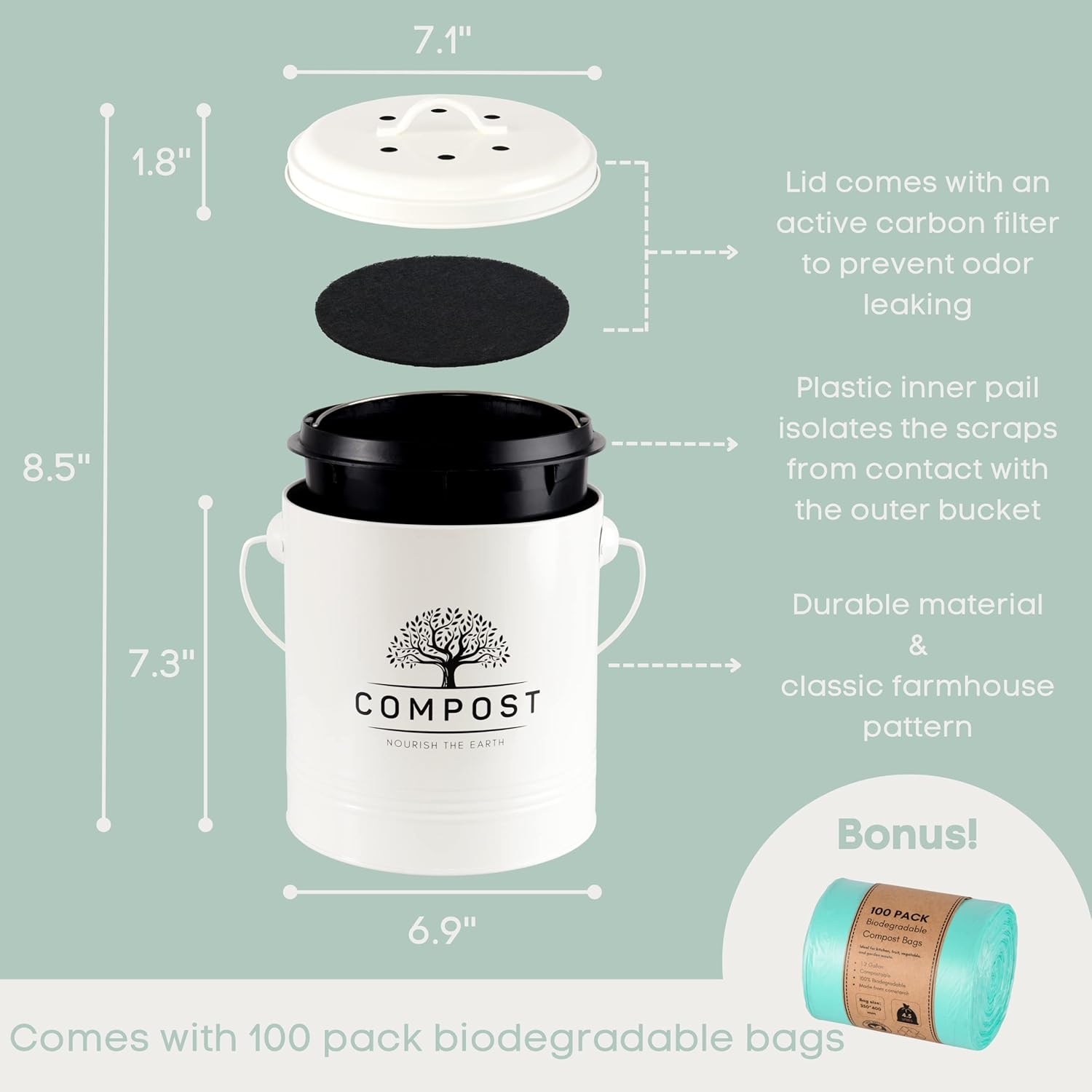 Perfnique Kitchen Compost Bin, 1.3 Gallon Countertop Compost Bin with Lid, Indoor Compost Bucket Includes Inner Bucket Liner and Carbon Filter, Small Compost Bin with Trash Bags image number 6