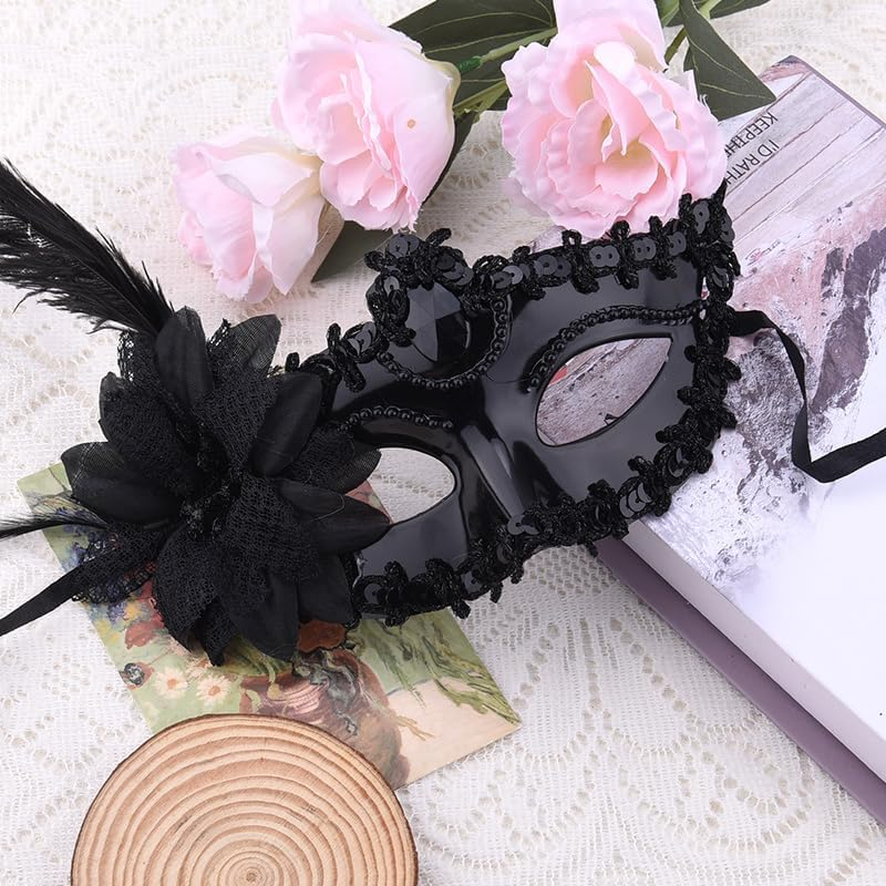 Feather Masquerade Masks for Women Rhinestone Flower Party Mask Black Costumes Lace Eye Mask for Carnivals Halloween Cosplay Masquerade Accesssories image number 5