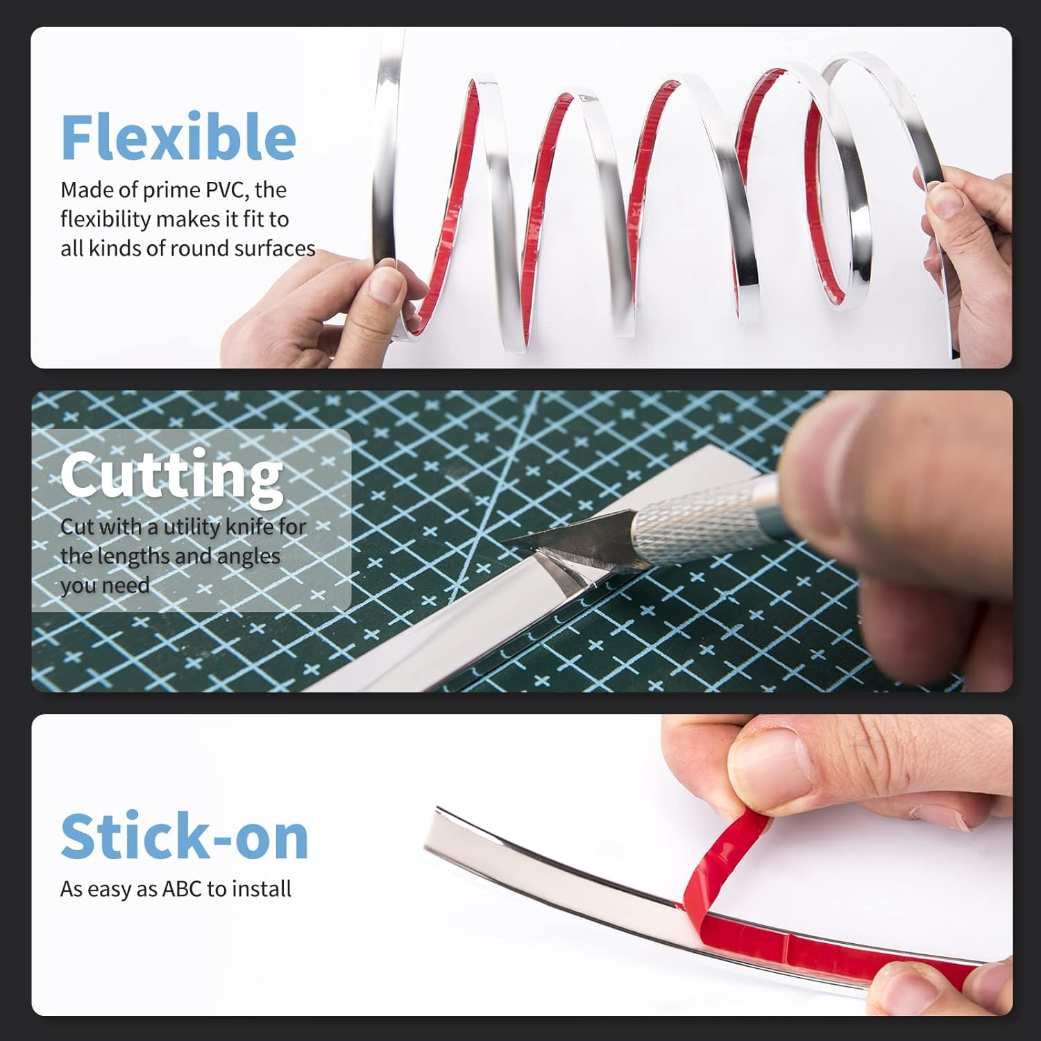 Art3D Peel and Stick Flexible Vinyl Molding Trim for Wall Tile Edges, Kitchen Backsplash, Mirrior Frame, 3 Metres, Stainless Steel image number 3