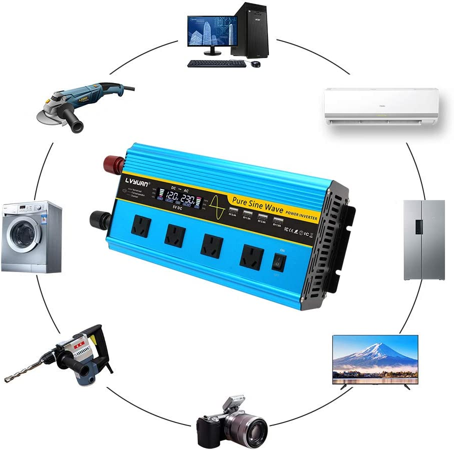 Yinleader 3000W/6000W(Peak) Inverter 12V to 240V Pure Sine Wave DC to AC Power Inverter W/LCD Display Remote Controller 4 AC Outlets Charge in Car/Boat/Truck image number 4