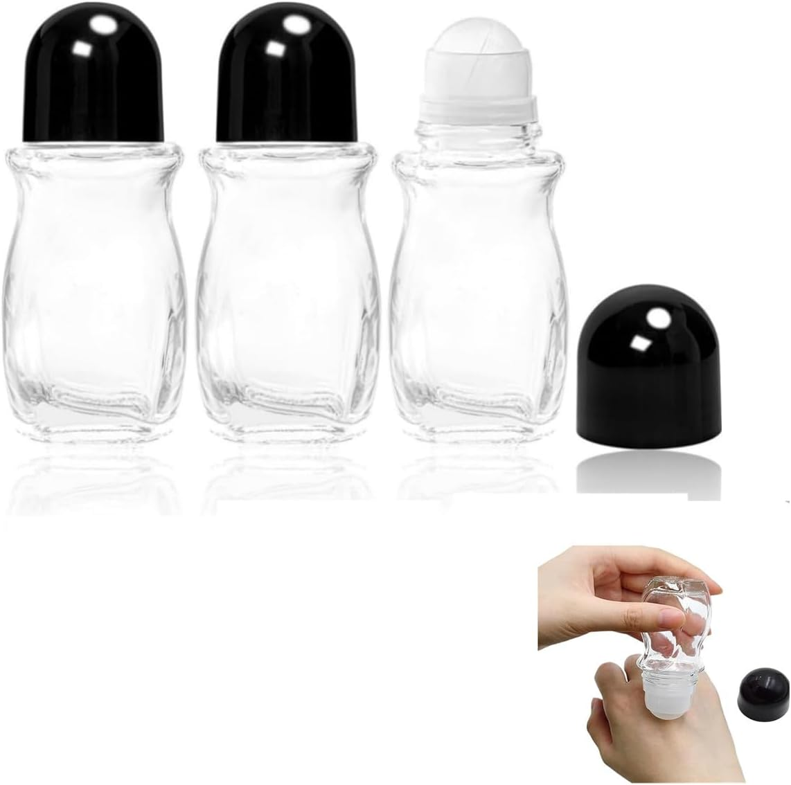 3 PCS Glass Empty Roller Bottles with Plastic Ball, Deodorant Roll on Containers Leak Proof Massage Ball Cap for Essential Oils Perfume Cosmetics (Black Cover，50Ml) image number 6