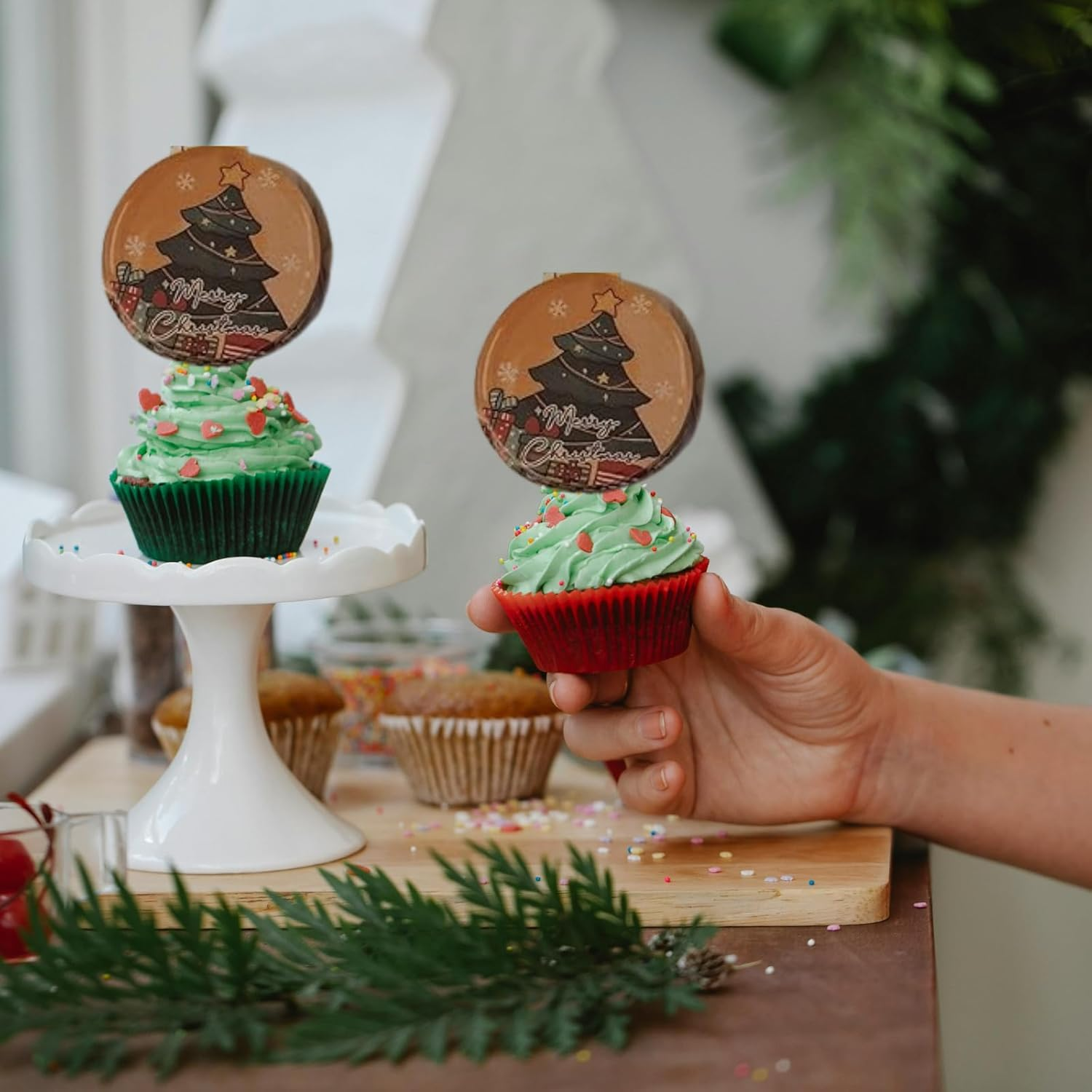 Merry Christmas UV Printed Acrylic Cupcake Toppers - Christmas Bauble Edition by 3 LITTLE DESSERTS - Pack of 6 image number 3