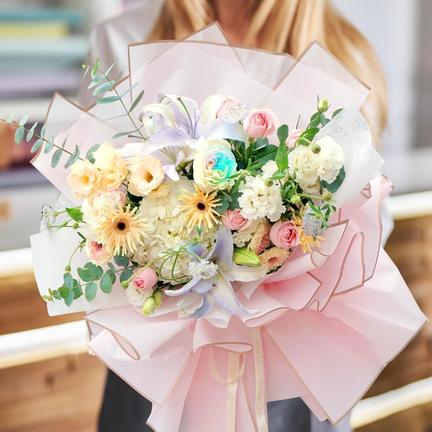 ZORRITA 20 Sheets Flower Wrapping Paper, Waterproof Bouquet Wrapping Paper with Ribbons Floral Paper for Florist Supplies, 22.8 X 22.8 Inch (Pink) image number 5