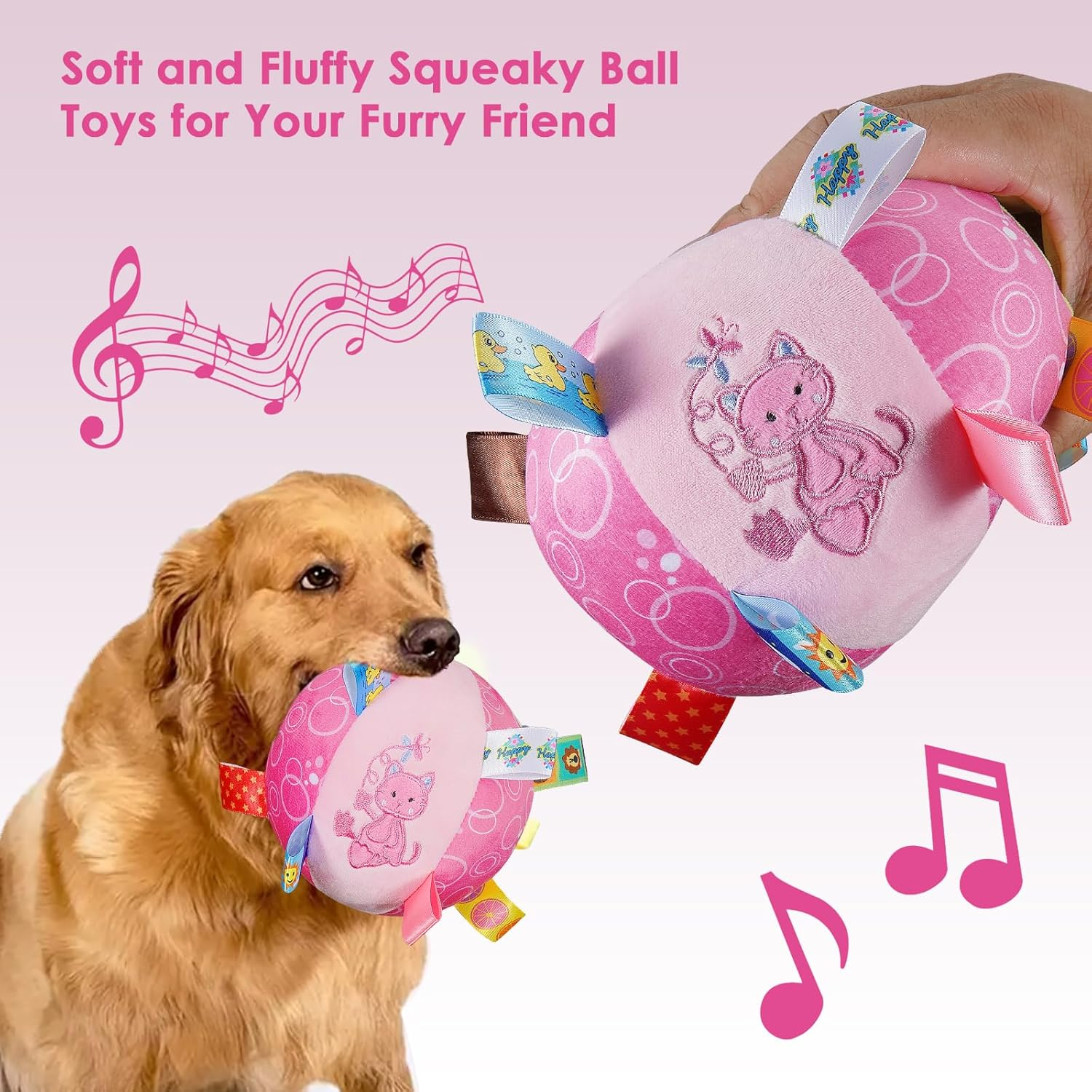 Dog Squeaky Plush Toy with Straps, 6-Inch Soft Stuffed Ball with Cotton Material and Bell Built-In, Pet Interactive Fetch Toy for Small to Large Dog image number 4