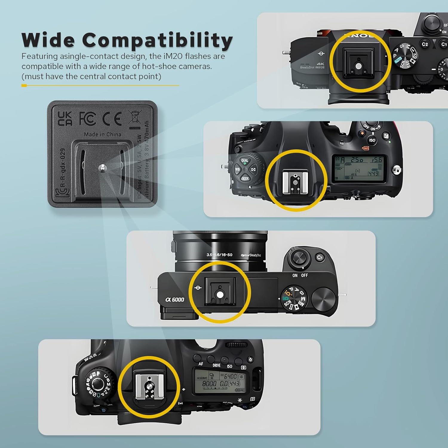 Godox Im20 Camera Flash, USB C Charging Built-In Battery with 5 Levels Flash Power for Canon/Sony/Fujifilm/Nikon/Panasonic/Olympus, for Cameras with Single-Contact Hotshoe