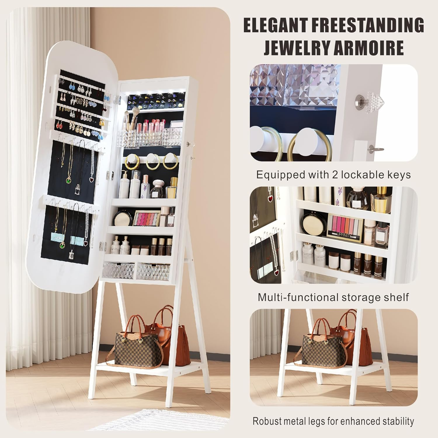 Dystler Mirror Jewelry Cabinet - Wall/Door Mounted Jewelry Armoire with Large Capacity - Lockable Tall Hanging Organizer - Cosmetic Storage & Gift Idea - White