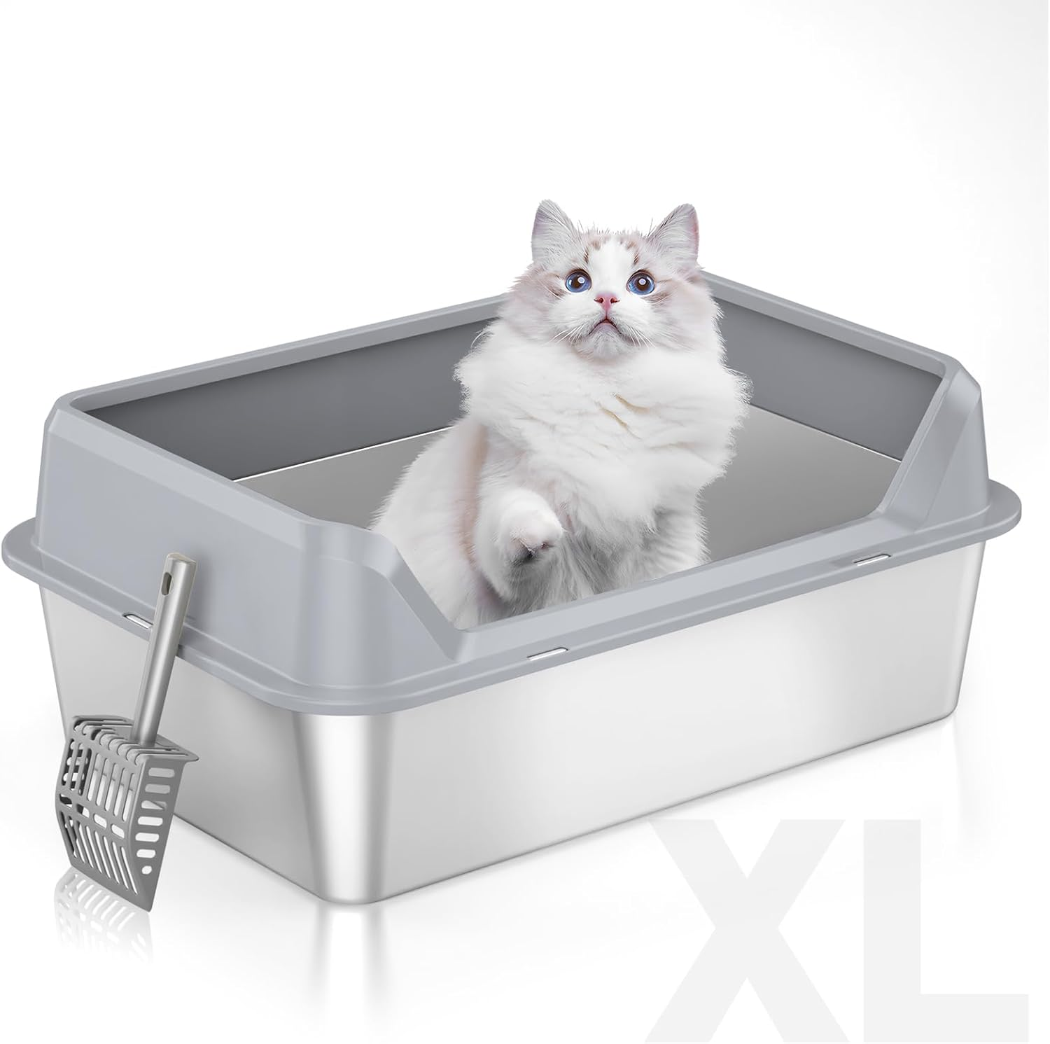 Towntime Stainless Steel Litter Box with High Sides,23.60" L X 15.7" W X 7.8" H,Extra Large Jumbo Cat Litter Box,Xl Kitty Metal Liter Box for Indoor Big Cats,Non-Sticky,Anti-Leakage(Left Entry)