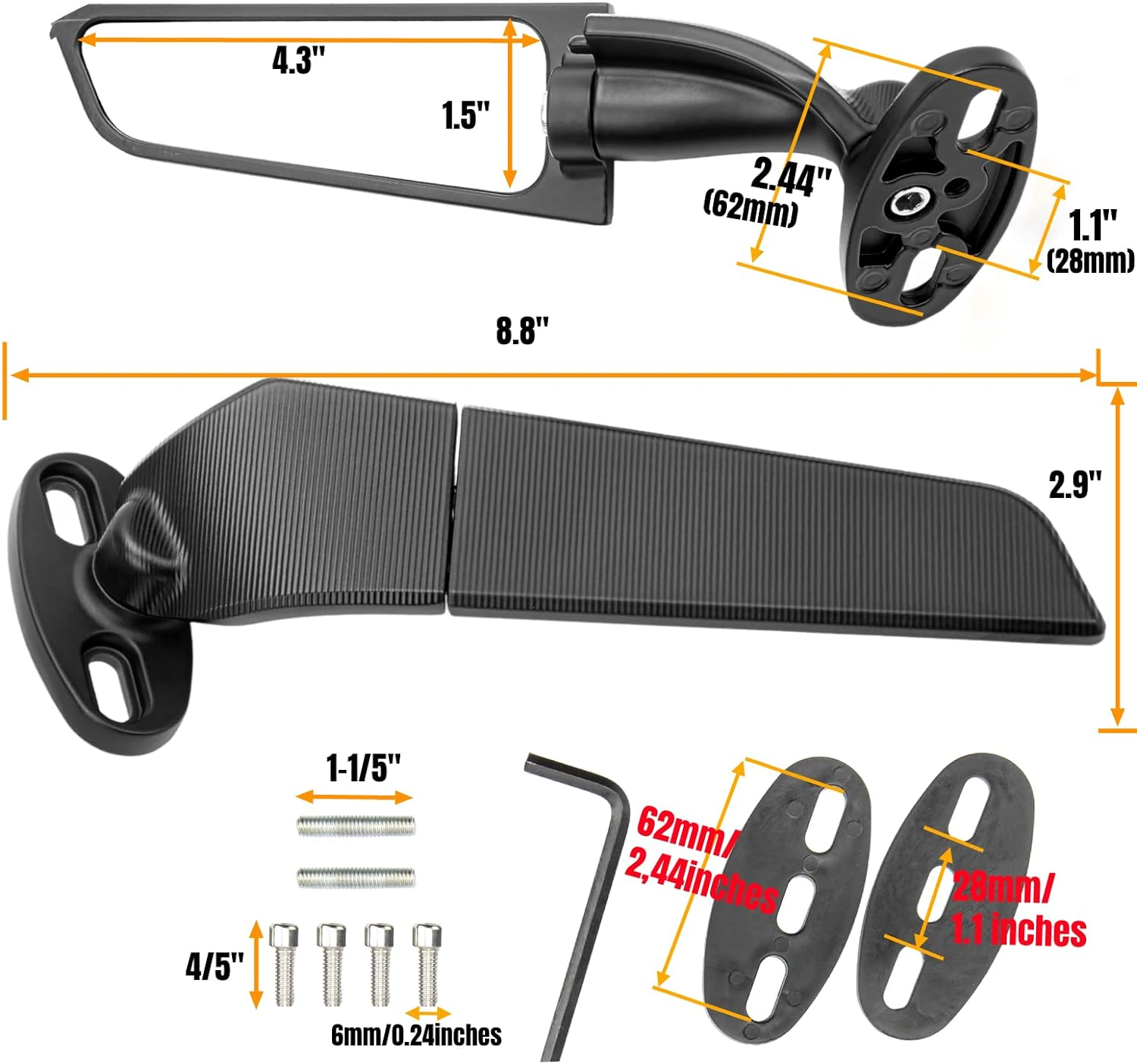 2025 Latest Motorcycle Wing Mirrors Compatible with GSXR 600 750 1000 | CBR300R CBR500R CBR600RR CBR1000RR EX250 EX300 EX400 EX650 ZX6R ZX10R - Adjustable Low Profile & Convex Design - 2 Pack image number 3