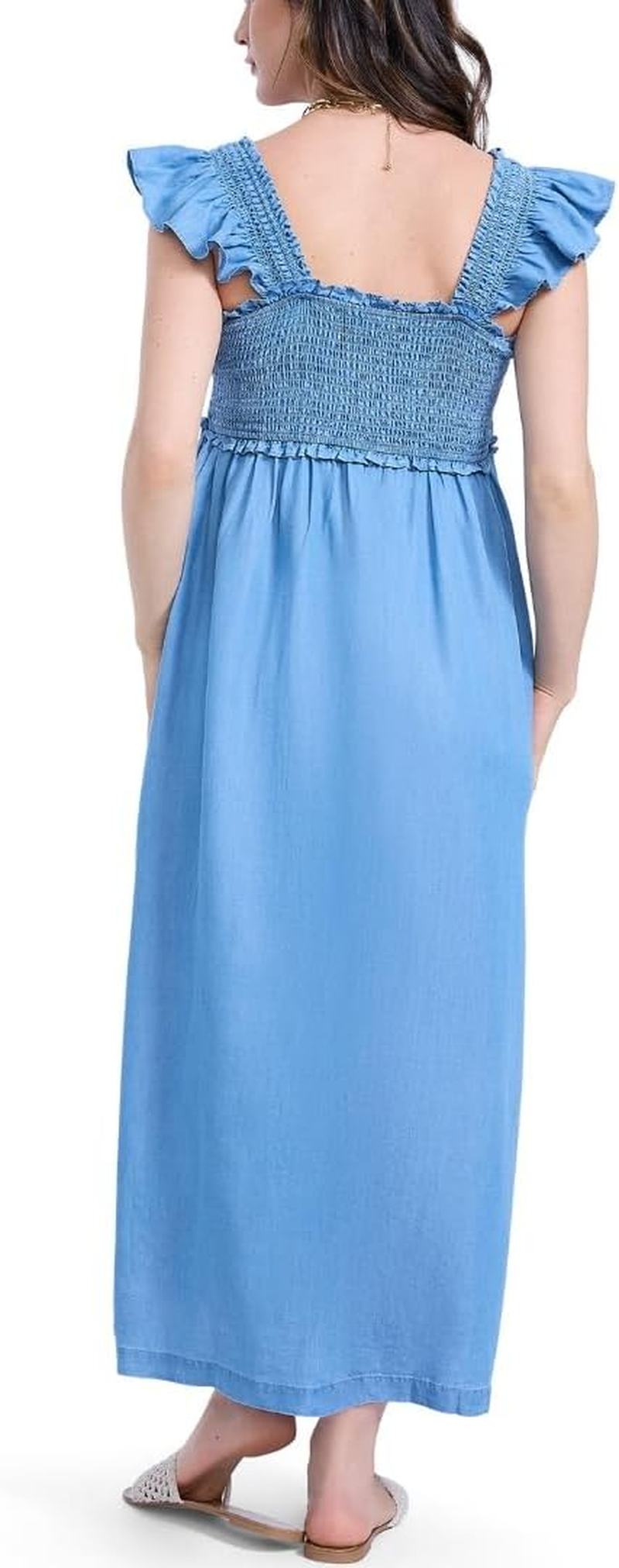 Motherhood Maternity Women'S Sleeveless Ruffle Shoulder Smocked Maxi Pregnancy Dress image number 6