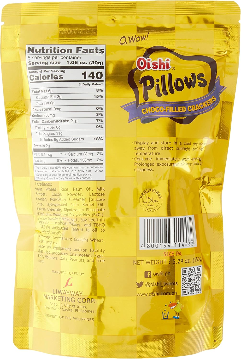 Oishi Pillows Snack Biscuits Chocolate 150G image number 2
