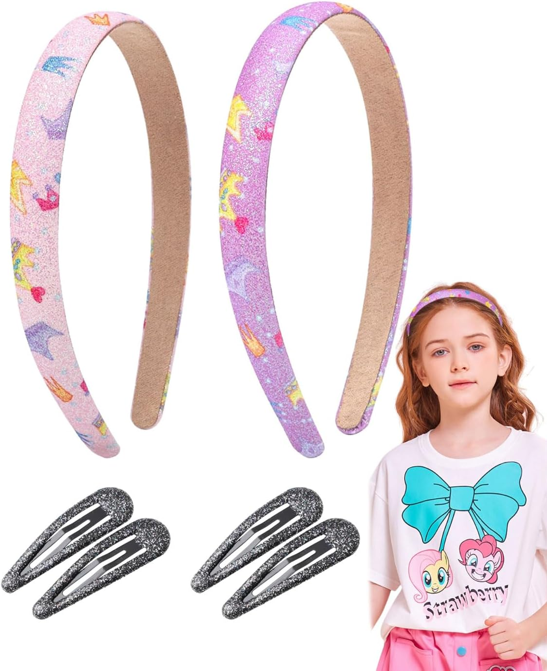 MYGLOAR 6 Pieces Glitter Headbands and Hair Clips for Girls, Cute Non-Slip Headbands with Teeth, Rainbow Coloured, Glittery, Cute Hard Hair Bands, Hair Accessories for Little Girls image number 5