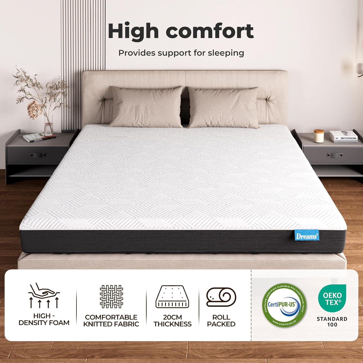 Dreamz Single Mattress, Hybrid Mattress with Blue Gel Memory Foam, High Density Foam Layer, Medium Firm, Premium Comfort, Breathable Top, Antibacterial & Removable Cover 20CM Thickness
