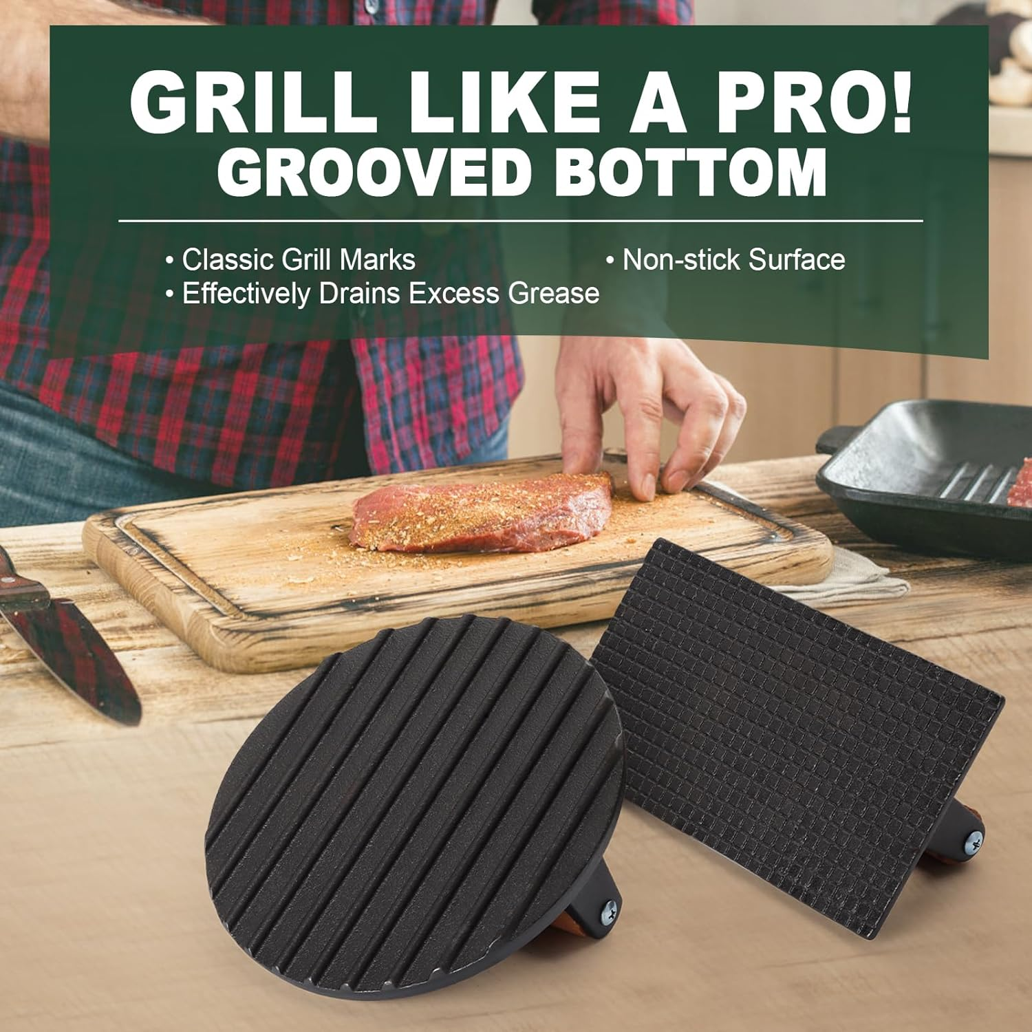 CEKEE Burger Press round & Rectangle, Heavy-Duty Cast Iron Grill Press with Wood Handle, Smash Burger Press Perfects for Blackstone Griddle, Flattops, Grills, Camp, Chef - Blackstone Accessories