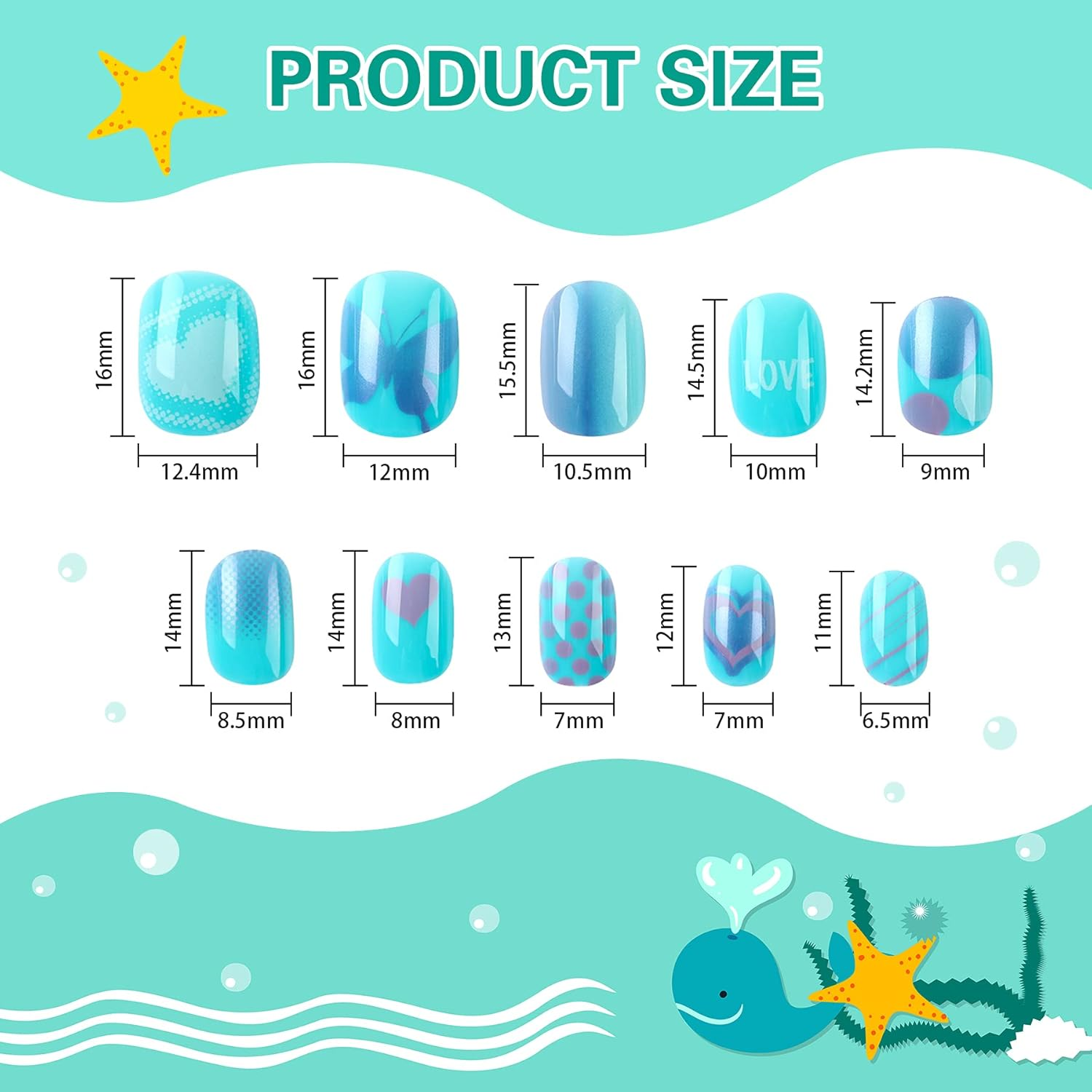 96 Pcs Kids False Nail Press on Nails Kids Full Cover Short False Nails Children Nail Tips Lovely Gift for Kids Little Girls Nail Art Decoration (Blue Theme) image number 6