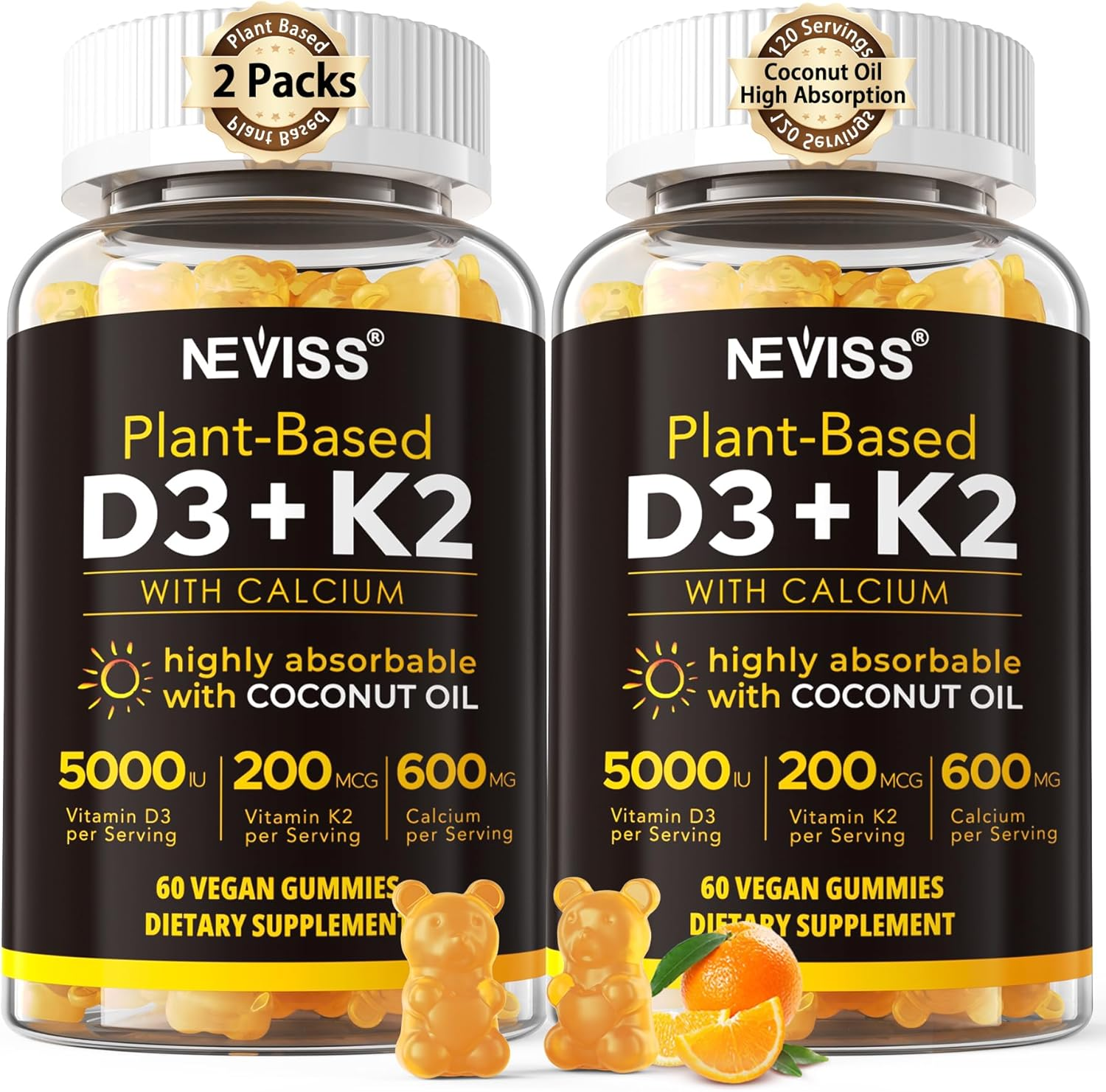 Vitamin D3 K2 Gummies with Calcium - Vegan D3 5000 IU + K2 200Mcg + Calcium 600Mg - Plant-Based Bone, Immune Support Supplement with Coconut Oil for High Absorption - Sweet Citrus Flavor - 120 Counts image number 5