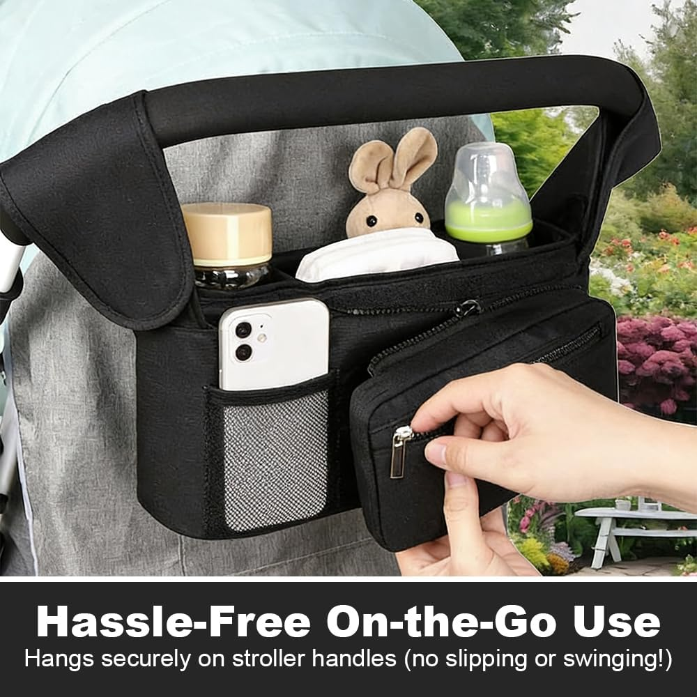 Stroller Storage Bag, Detachable Pram Pouch, Waterproof Hanging Bag, Universal Stroller Organizer with Hooking for Diapers, Bottles, Phone (Black) image number 2