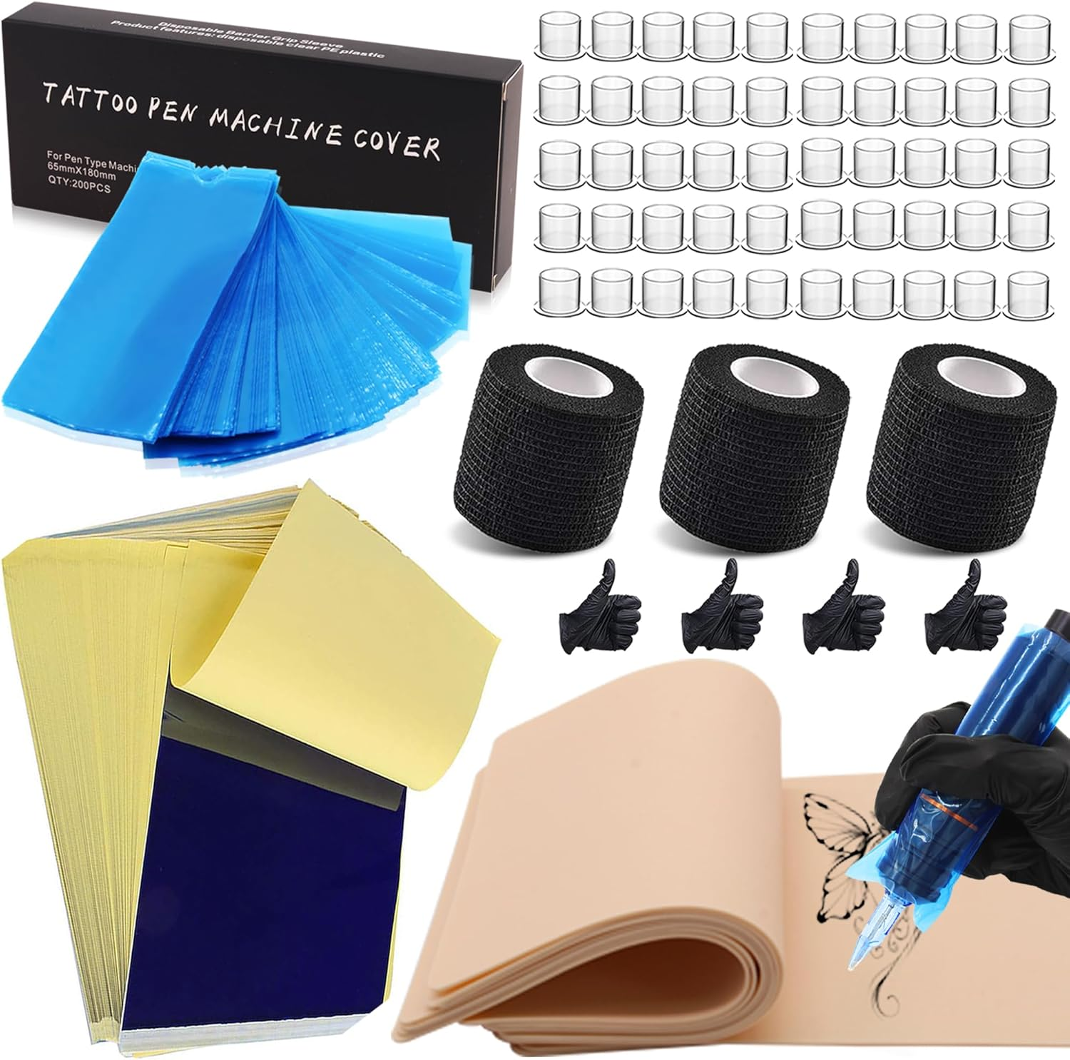 Rayyl Tattoo Practice Skin Transfer Paper Tool Kit - 66Pcs Include Tattoo Fake Skins with Transfer Paper Machine Pen Covers and Ink Cups Grip Tapes Tool Kit for Beginners & Artists image number 3