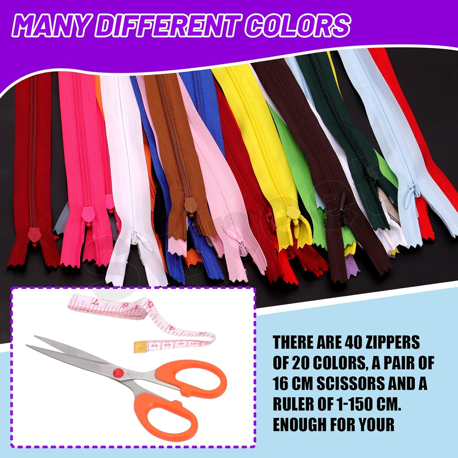 Swpeet 42Pcs 20 Mixed Color 16" Nylon Invisible Zippers with Measuring Tape and Scissors Assortment Kit, Hidden Zipper Multicolor Nylon Invisible Sewing Zipper for Tailor Garment Sewing Craft image number 5