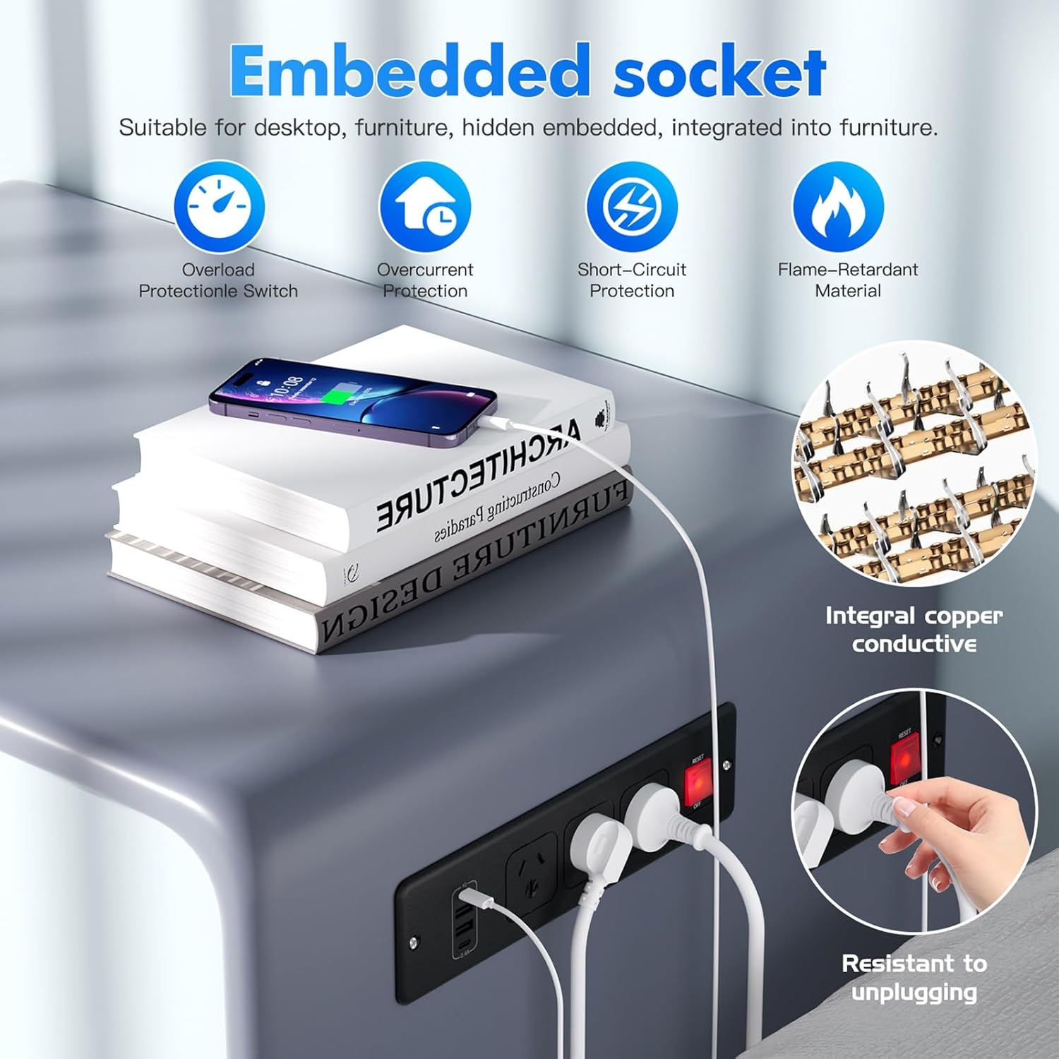 HITRENDS 7 in 1 Recessed Power Strip, 3-Way Built-In Socket with 1.8M Cable, 2 USB-A and 2 USB-C, Table Power Board, Multiple Socket for Conference Table, Worktop, Sofa Table, Black image number 4