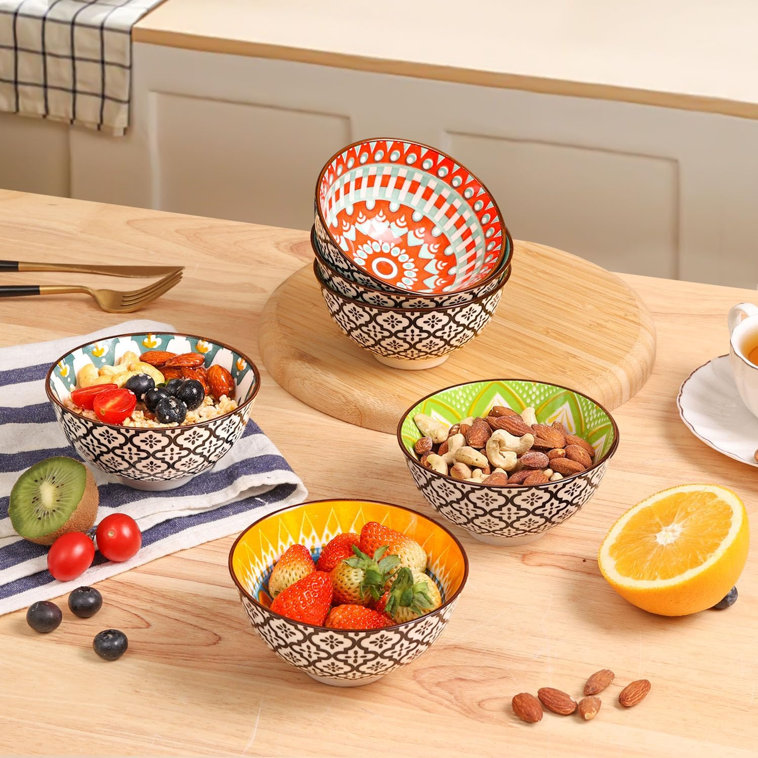 10 OZ Ceramic Bowls Set of 6, 4.5 Inch Cereal Bowl Soup Bowls Dipping Bowls for Salad Pasta Kitchen Multicolor image number 3