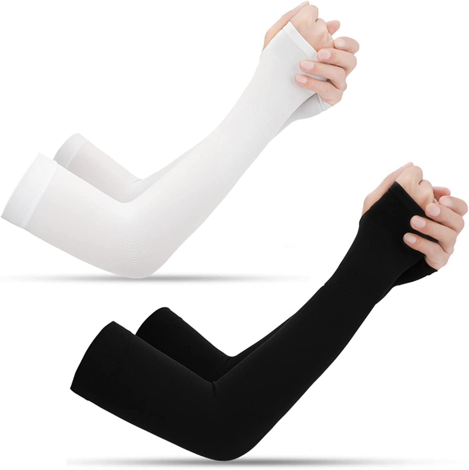 2 Pairs - Arm Cooling Sleeves UV Sun Protection Arm Sleeves for Women Men Youth, MH MOIHSING Arm Warmers for Cycling Driving Outdoor Sports Basketball Sleeves, Arm Compression Sleeves Black White image number 5