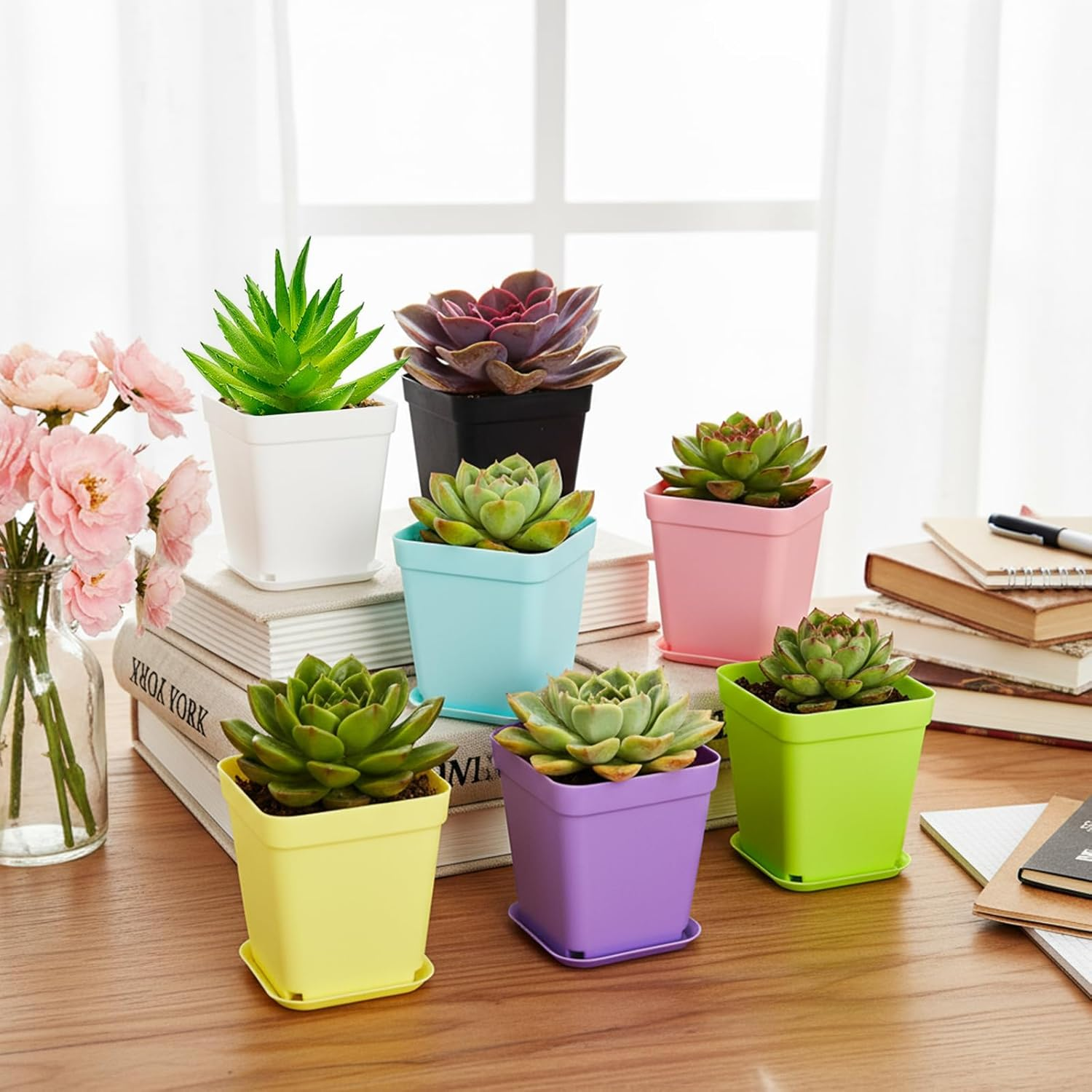 Hedume 70 Pack Mini Plastic Flower Seedling Nursery Pot with Pallet, 3" Colorful Square Plant Pot, Indoor Outdoor Flower Plant Container, Decor for Room, Garden, Office and Balcony (7 Colors) image number 3